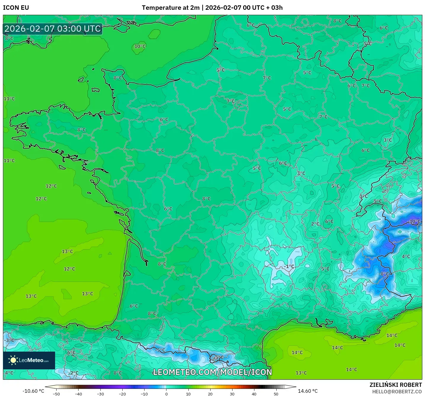 ICON model - France, Temperature at 2m