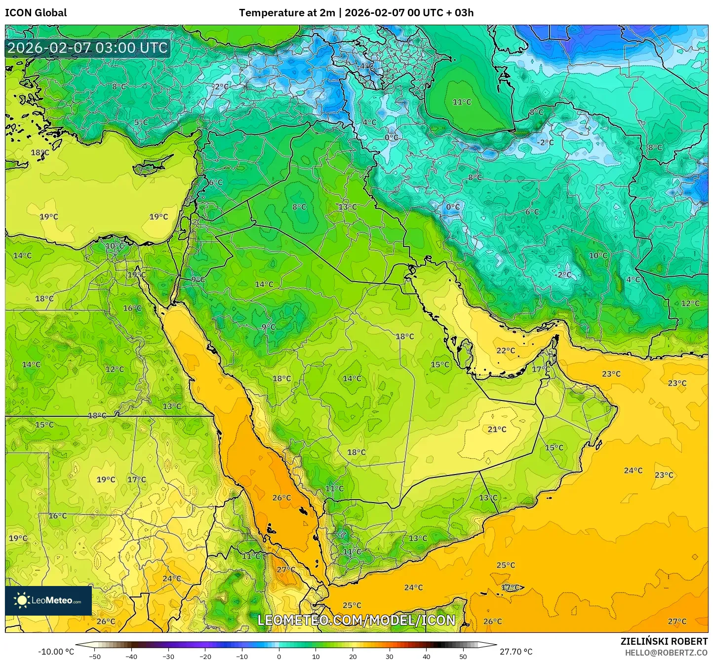 ICON model - Middle East, Temperature at 2m
