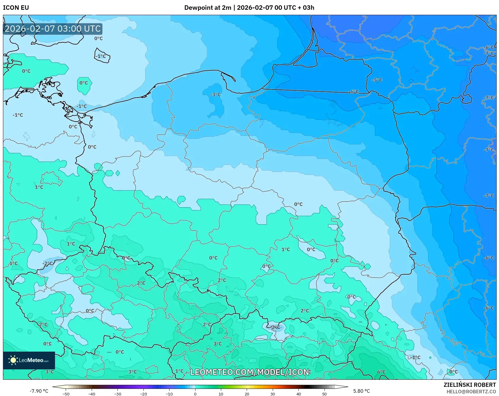 ICON model - Poland, Dewpoint at 2m