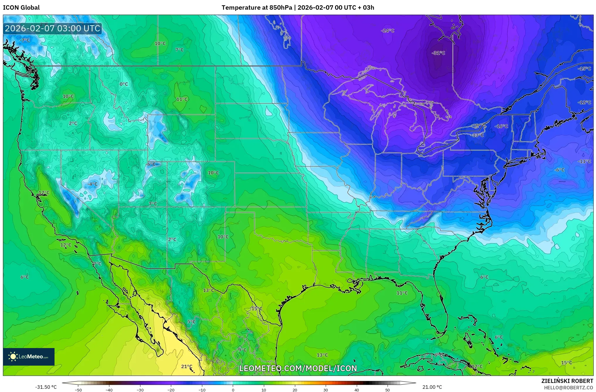 ICON model - United States, Temperature at 850hPa