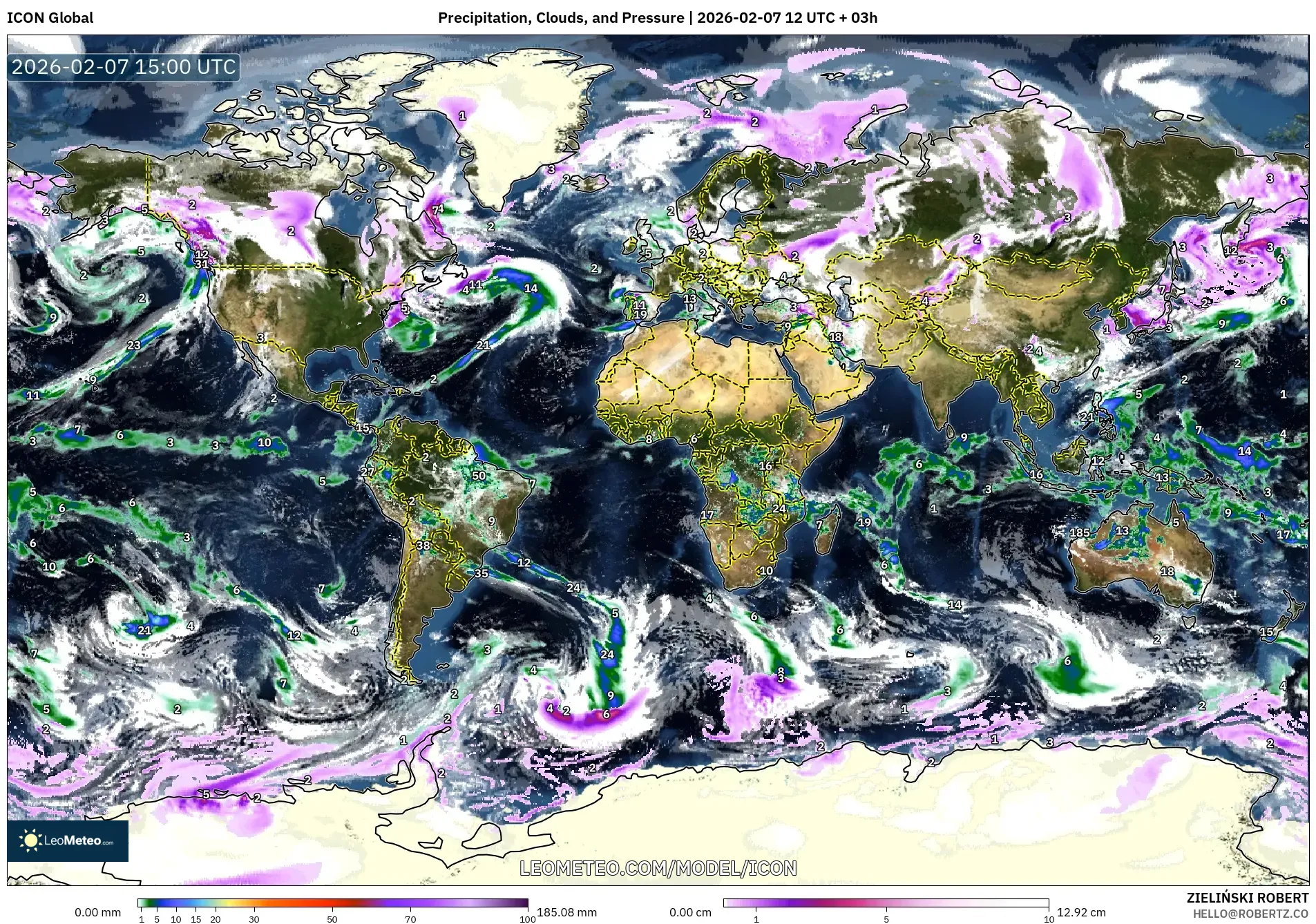 ICON model - World, Precipitation, Clouds, and Pressure