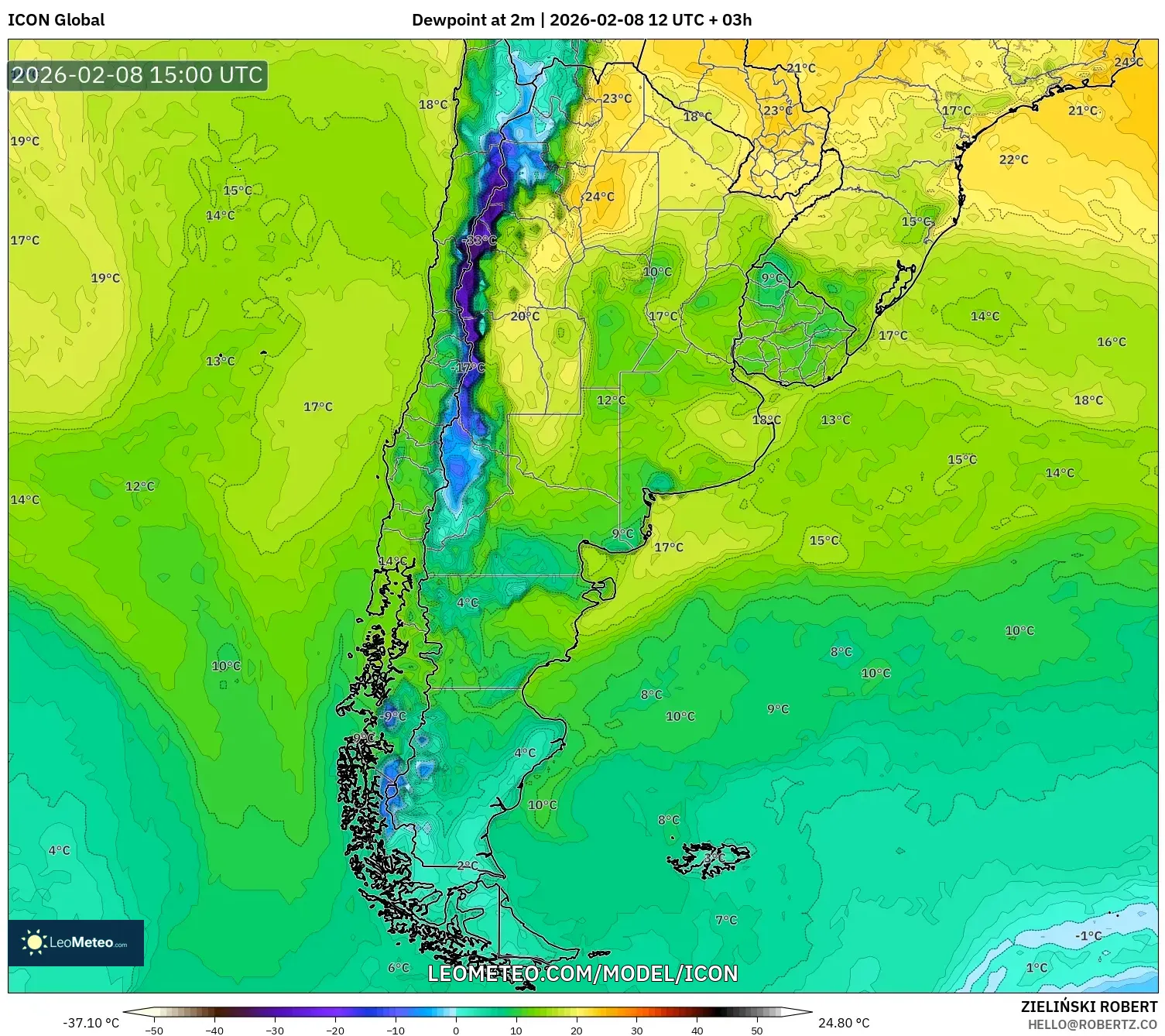 ICON model - Argentina, Dewpoint at 2m
