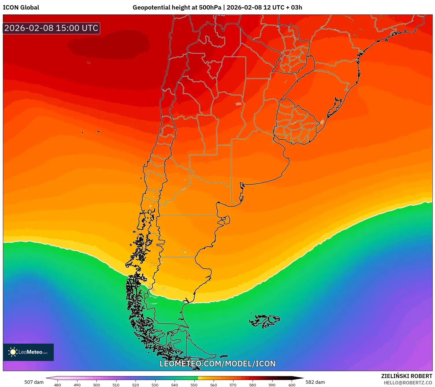 ICON model - Argentina, Geopotential height at 500hPa