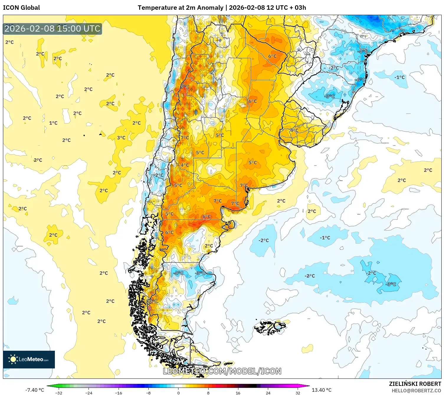 ICON model - Argentina, Temperature at 2m Anomaly