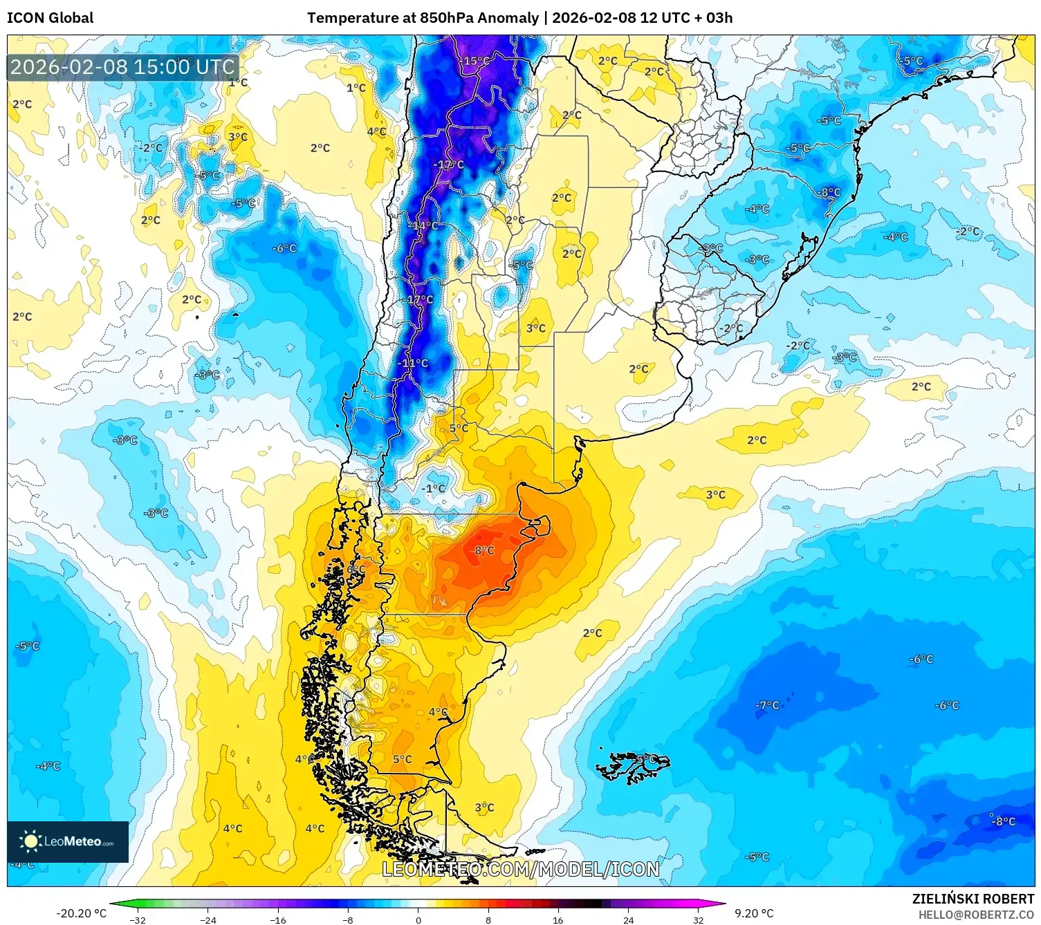 ICON model - Argentina, Temperature at 850hPa Anomaly