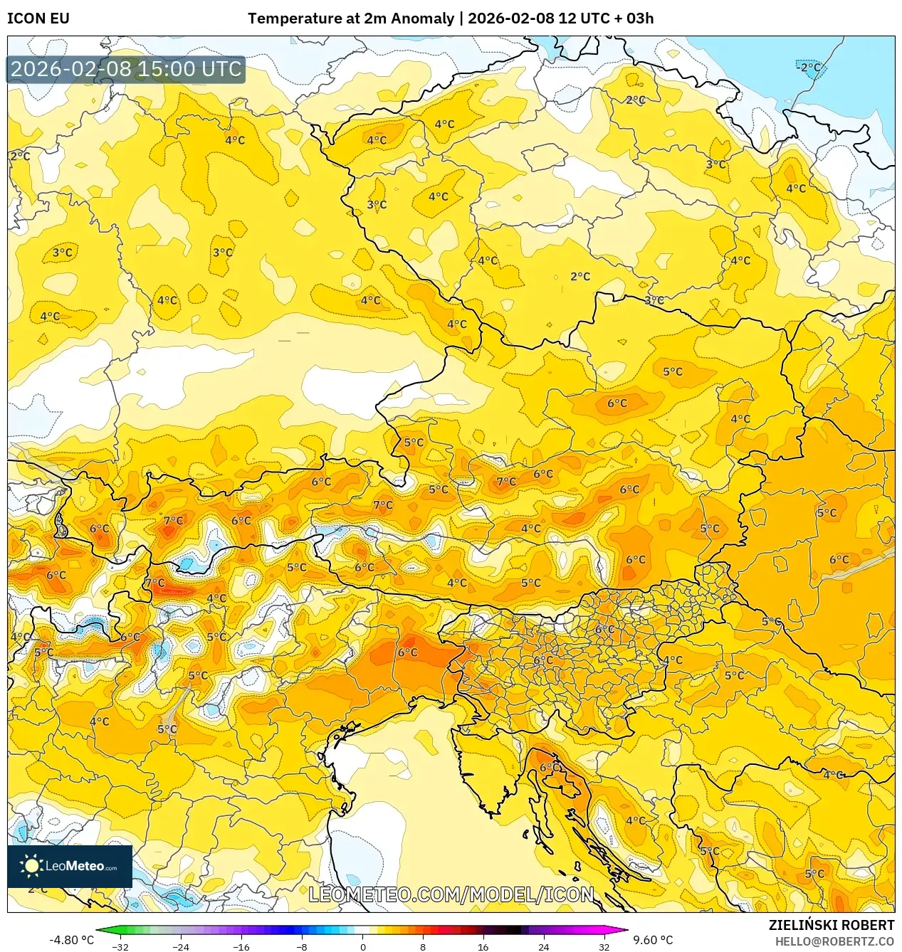 ICON model - Austria, Temperature at 2m Anomaly
