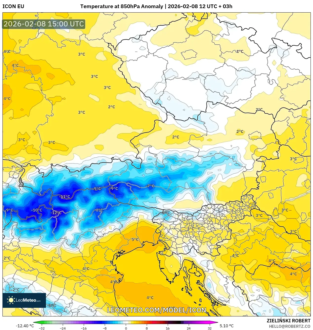 ICON model - Austria, Temperature at 850hPa Anomaly