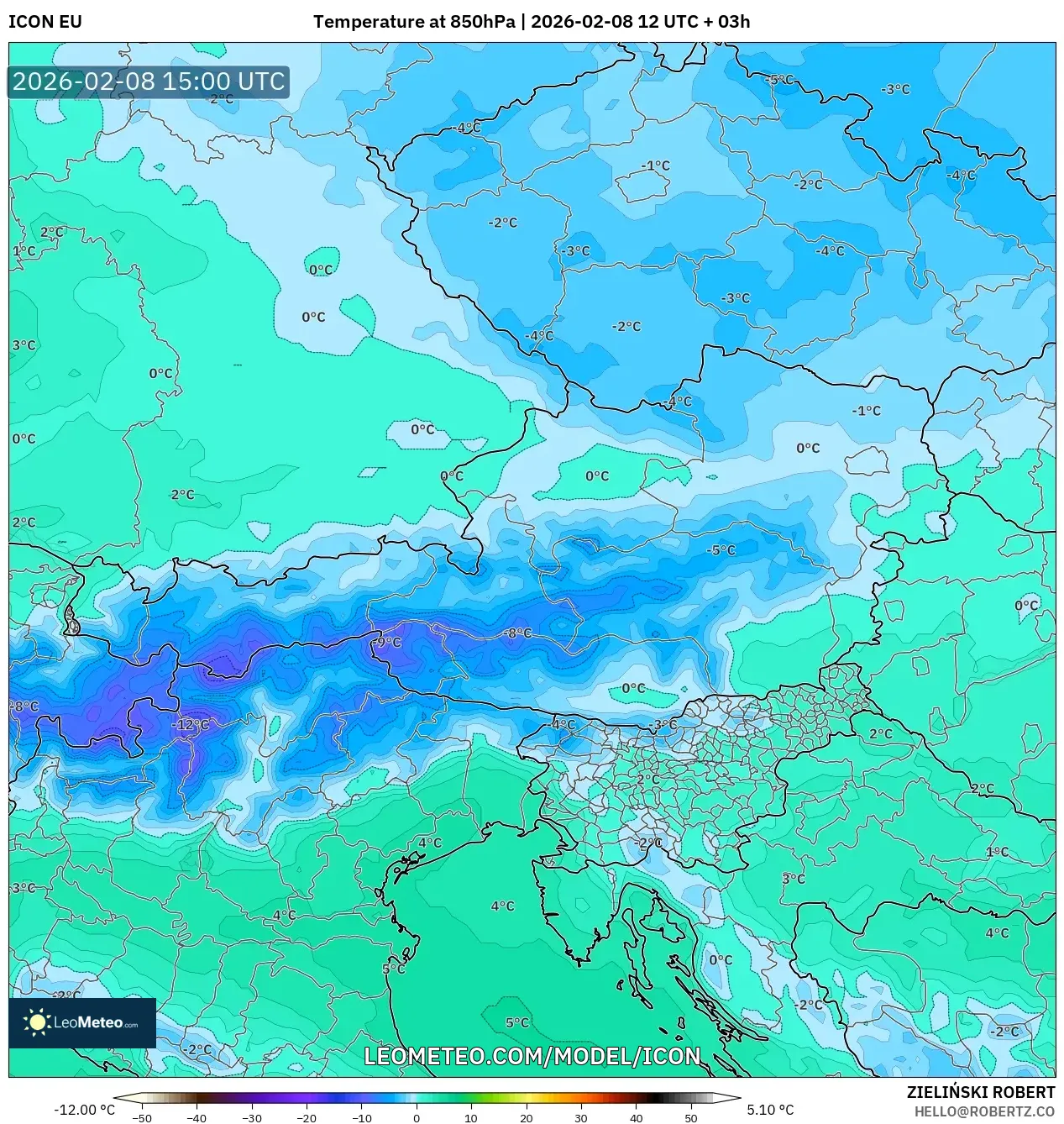 ICON model - Austria, Temperature at 850hPa
