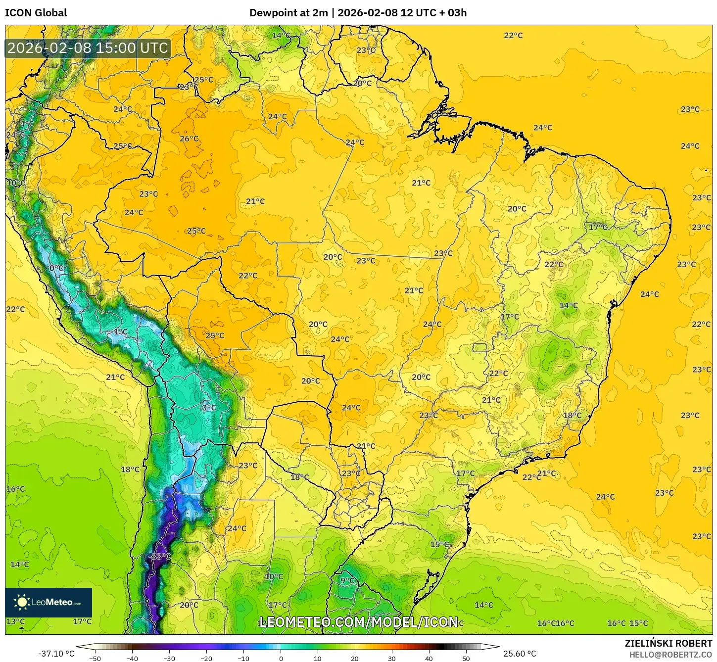 ICON model - Brazil, Dewpoint at 2m
