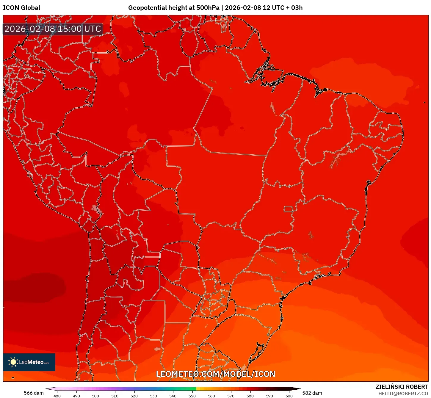ICON model - Brazil, Geopotential height at 500hPa