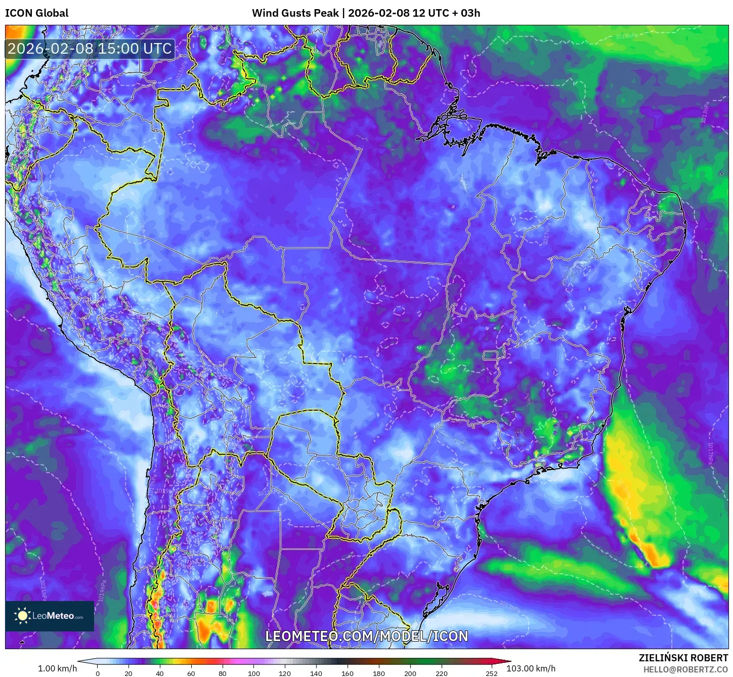ICON model - Brazil, Wind Gusts Peak