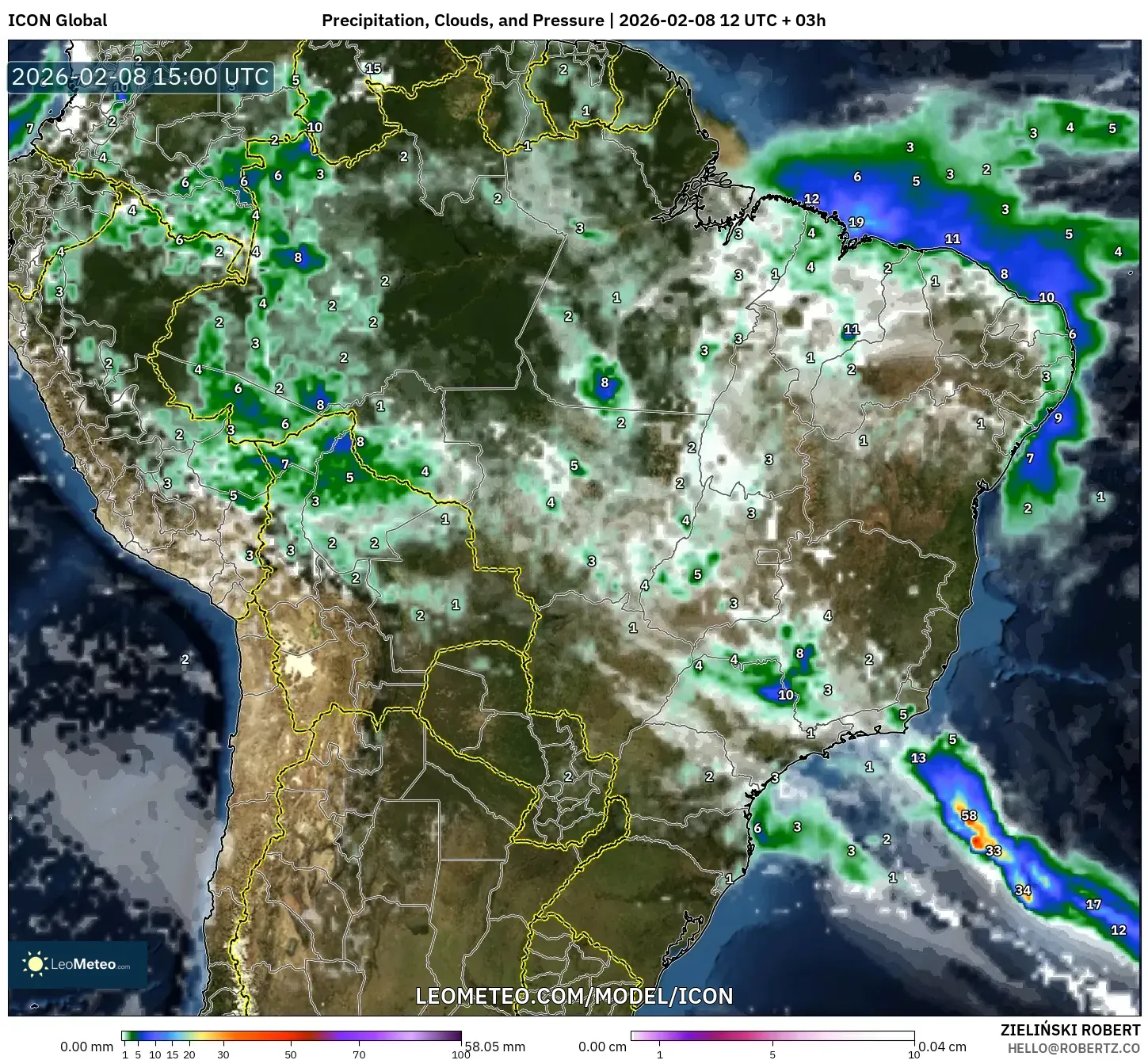 ICON model - Brazil, Precipitation, Clouds, and Pressure