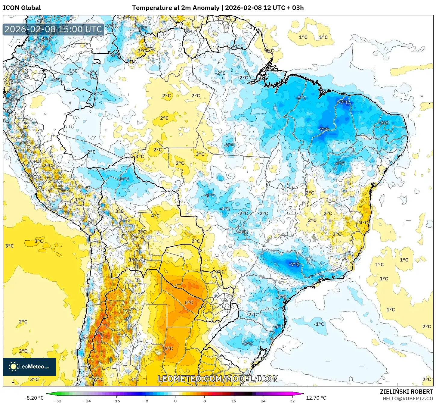 ICON model - Brazil, Temperature at 2m Anomaly