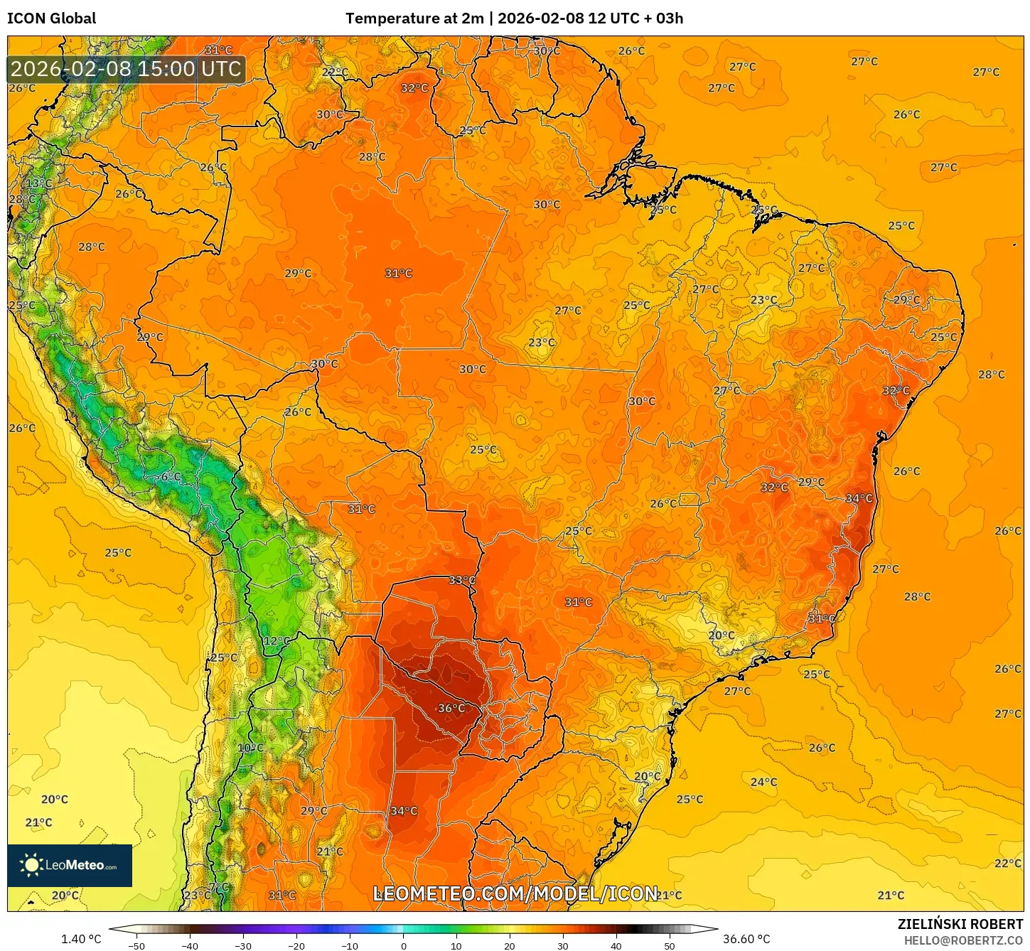 ICON model - Brazil, Temperature at 2m