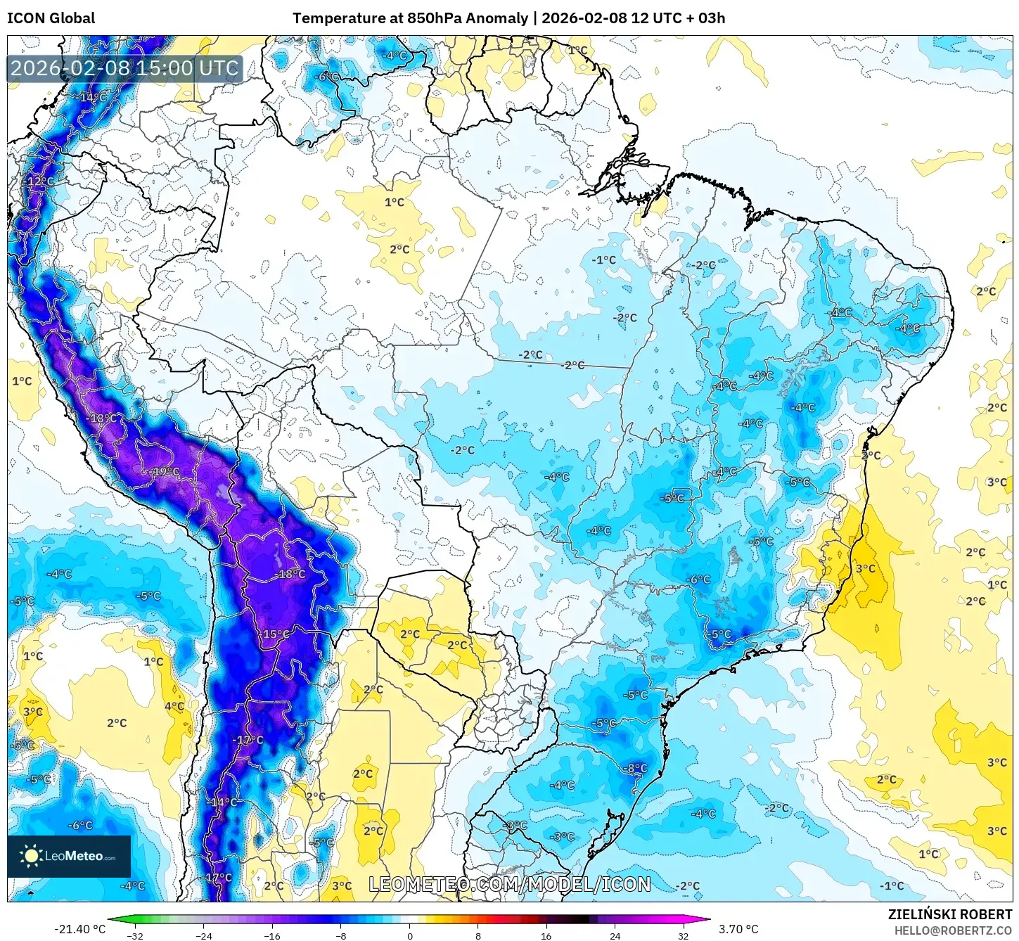 ICON model - Brazil, Temperature at 850hPa Anomaly