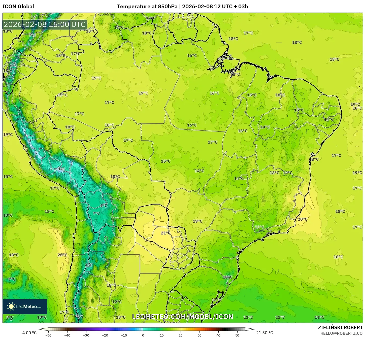 ICON model - Brazil, Temperature at 850hPa