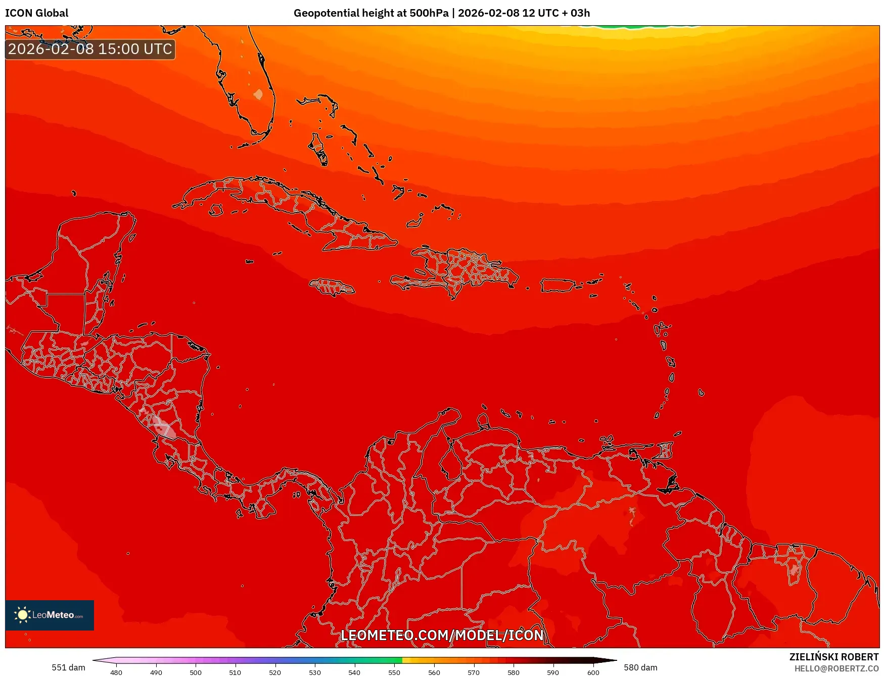 ICON model - Caribbean, Geopotential height at 500hPa