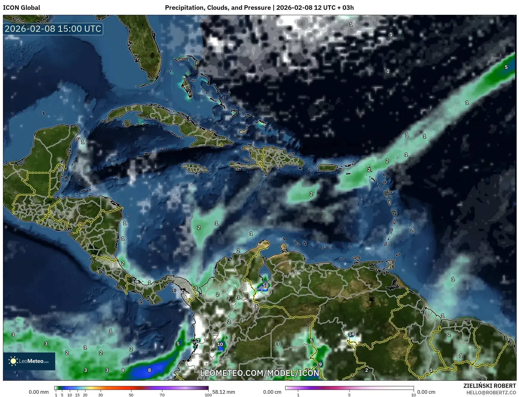 ICON model - Caribbean, Precipitation, Clouds, and Pressure