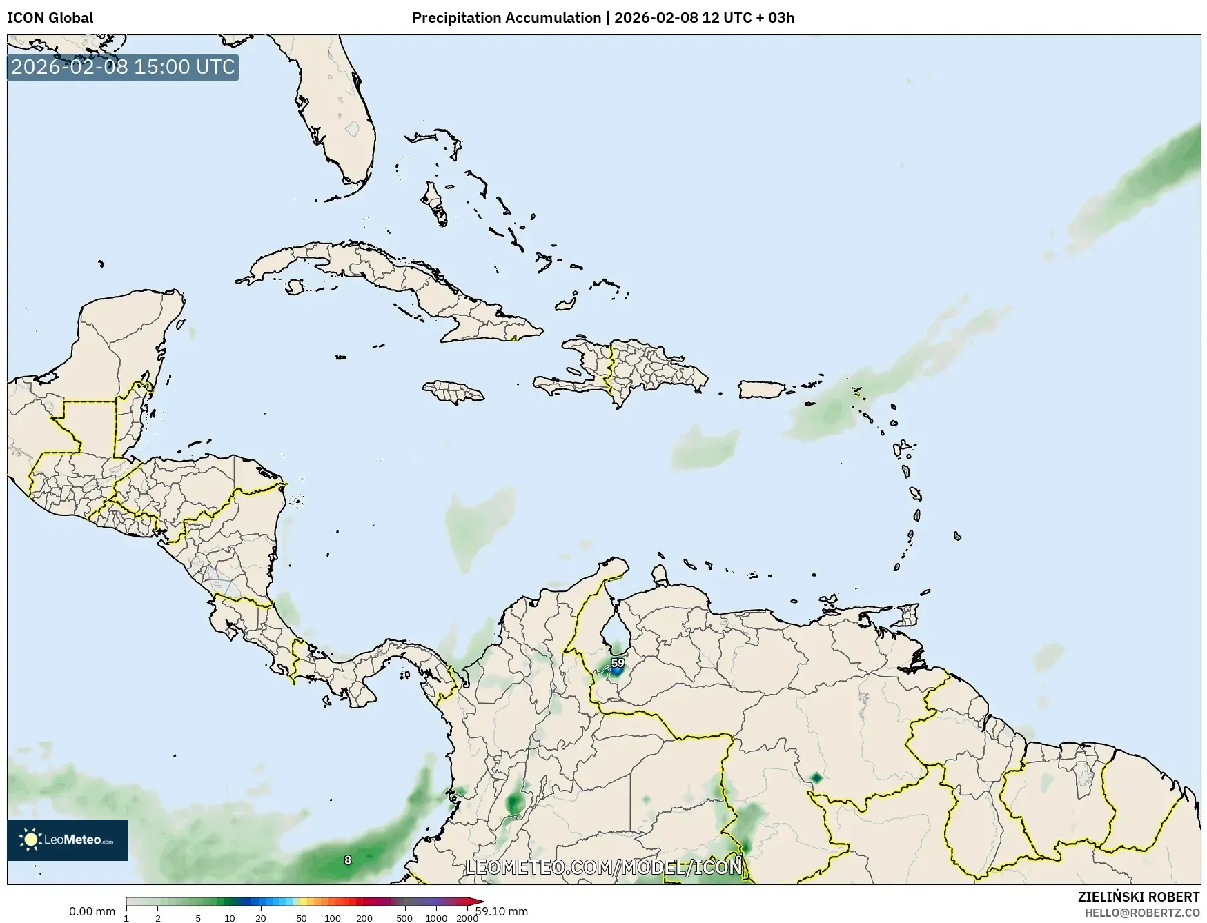 ICON model - Caribbean, Precipitation Accumulation