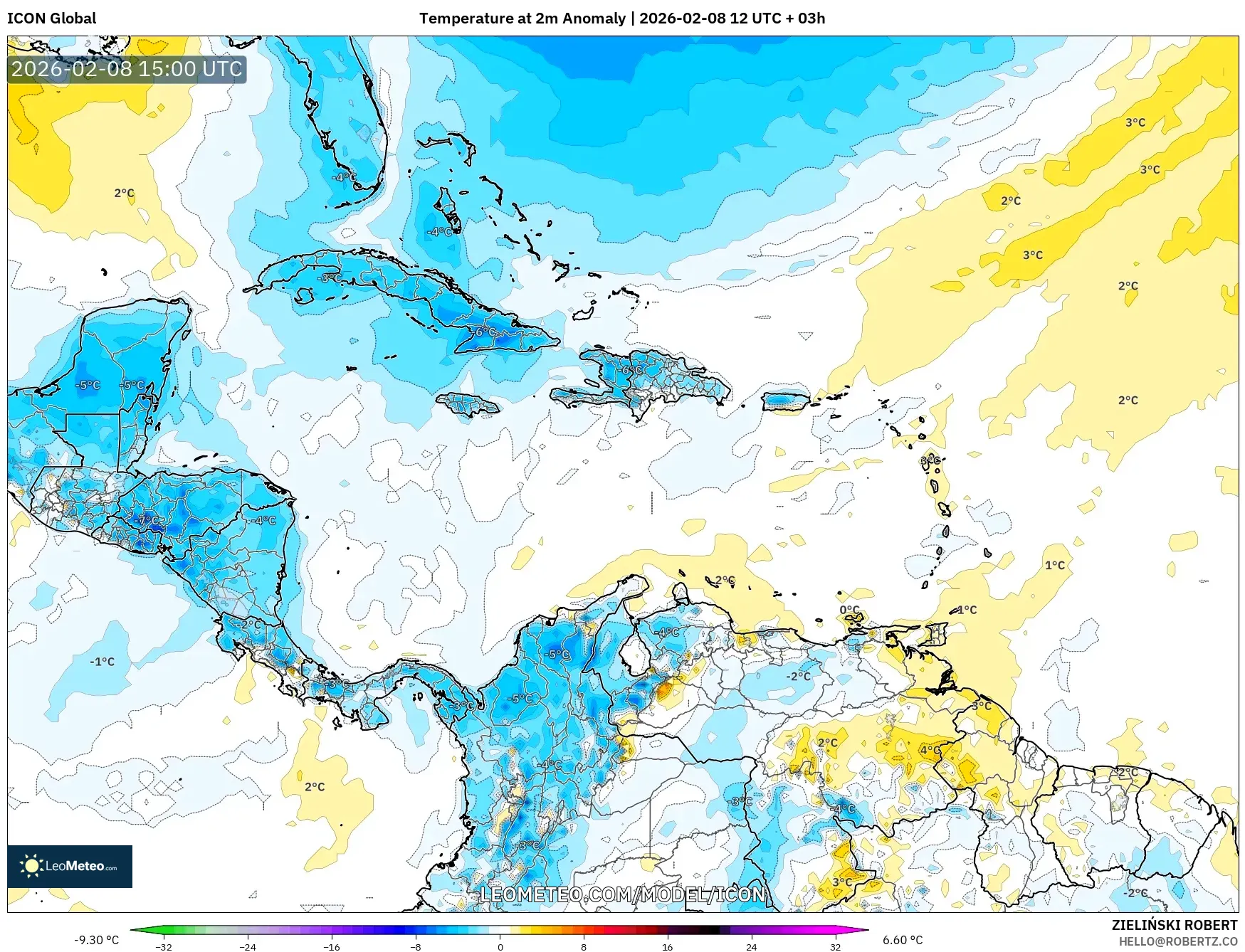 ICON model - Caribbean, Temperature at 2m Anomaly