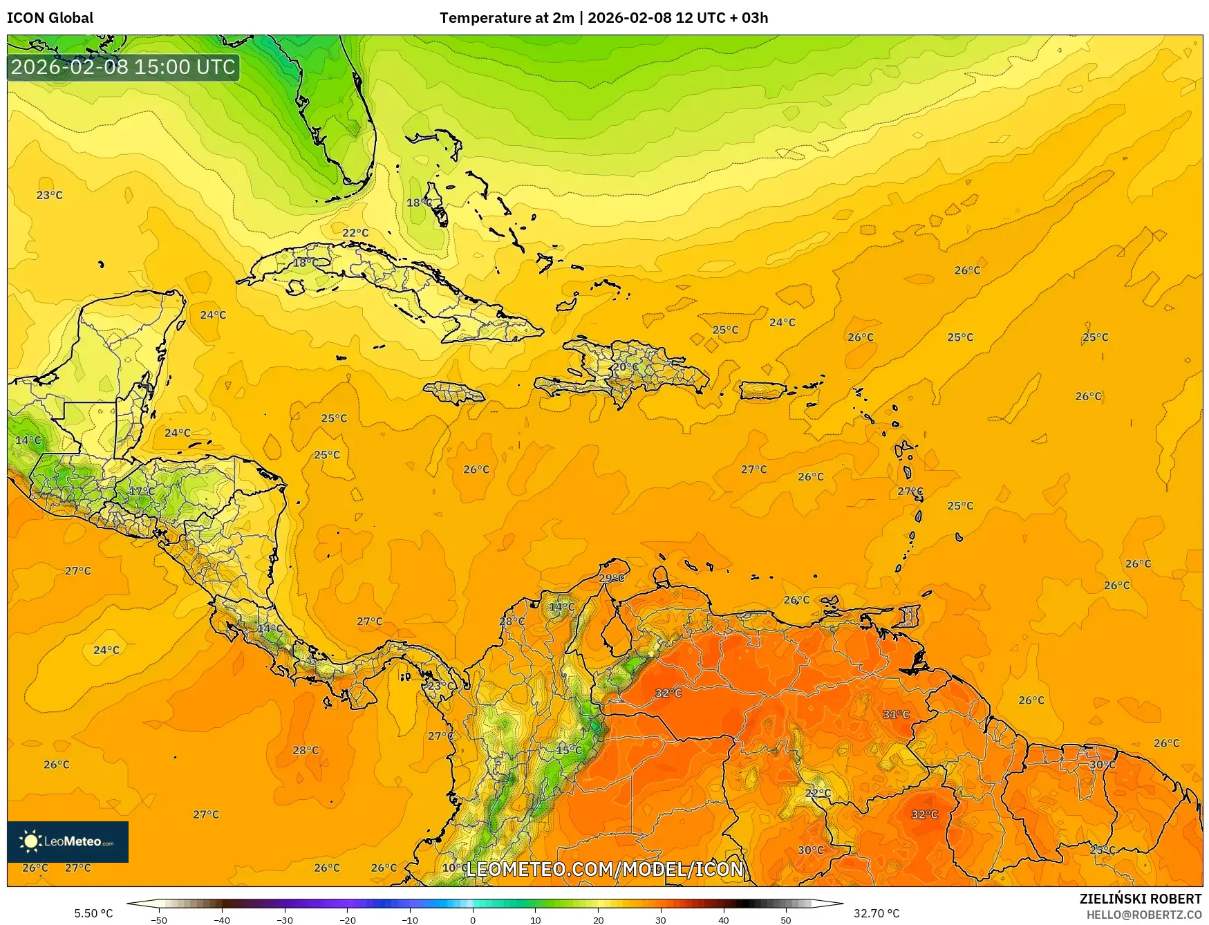 ICON model - Caribbean, Temperature at 2m