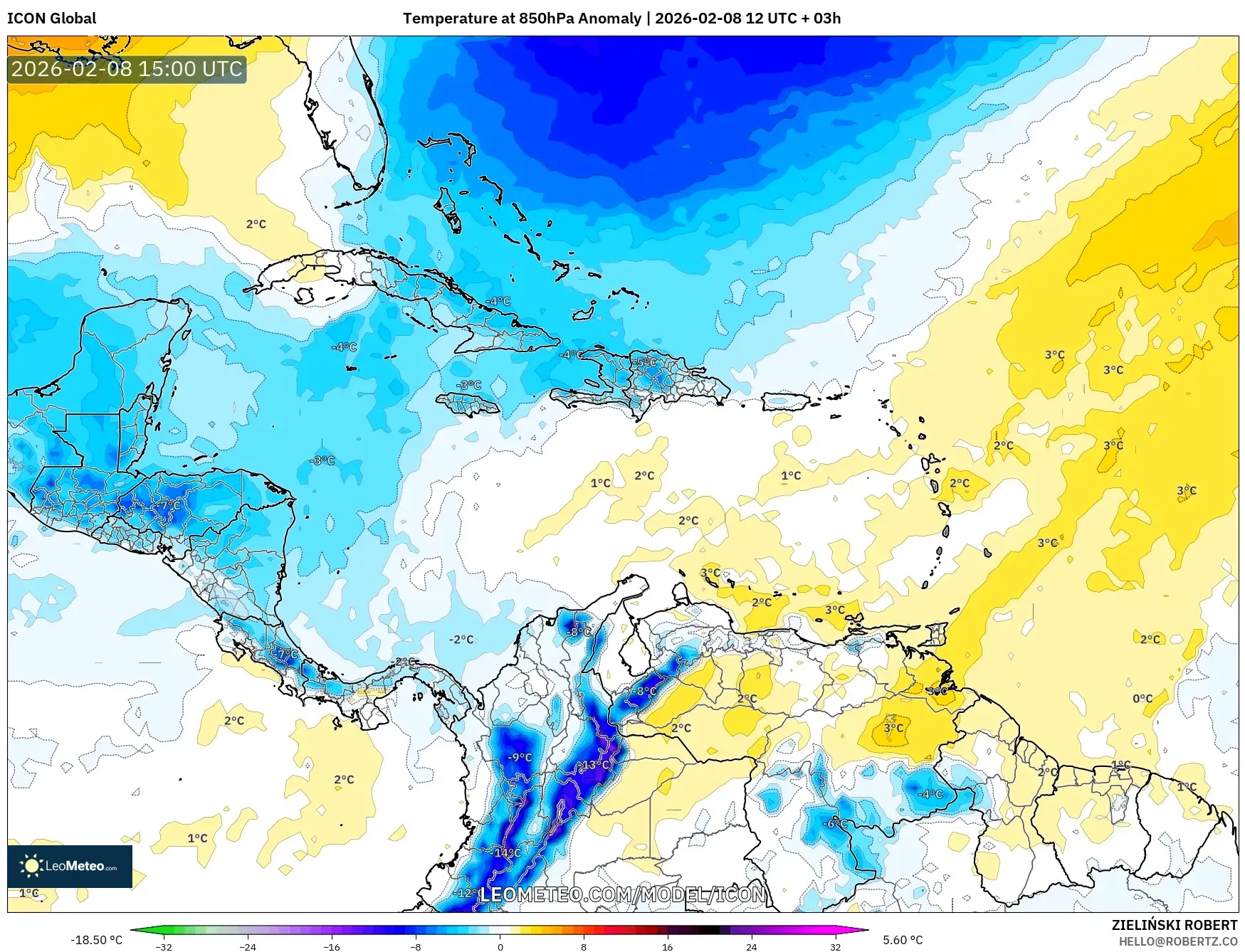 ICON model - Caribbean, Temperature at 850hPa Anomaly
