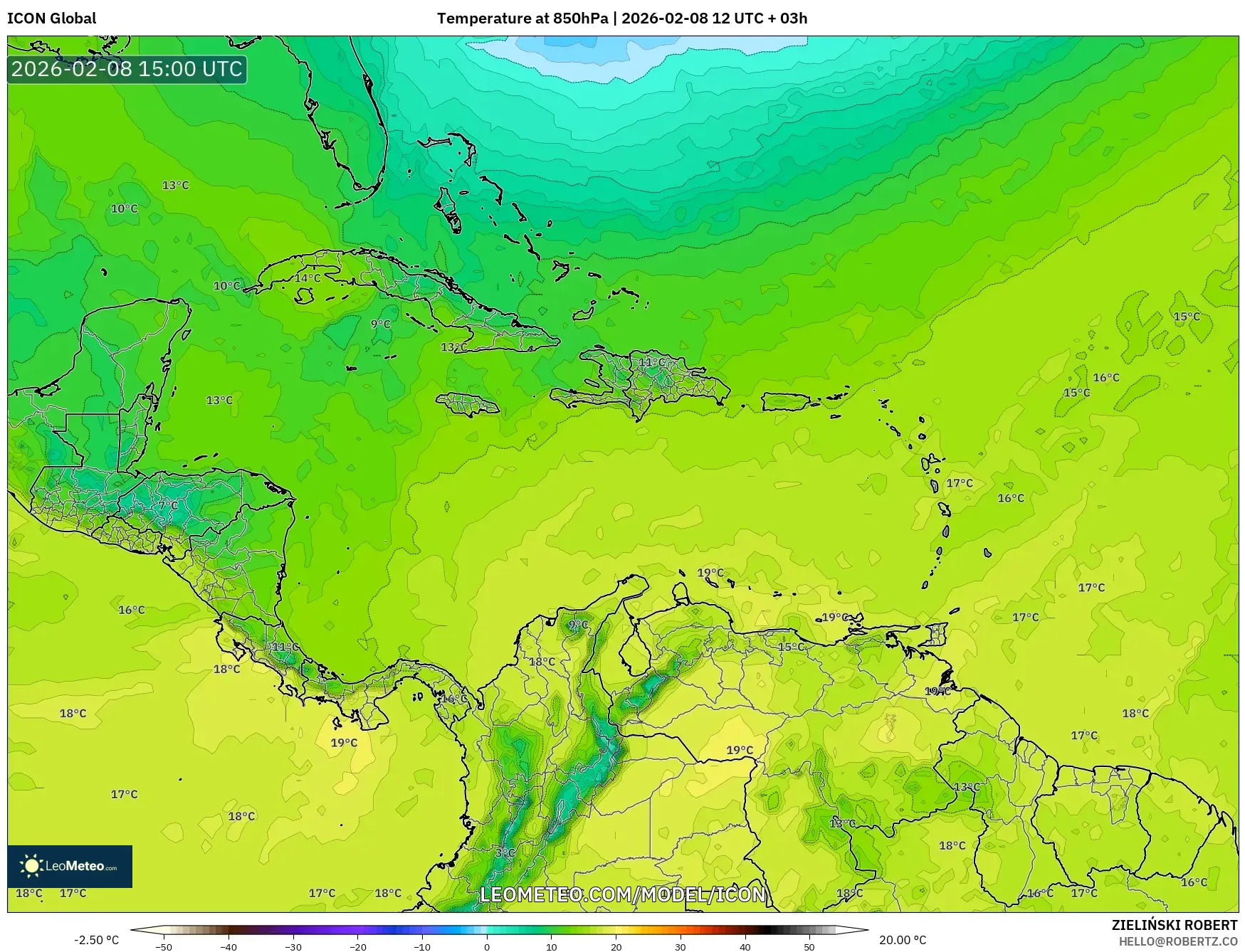 ICON model - Caribbean, Temperature at 850hPa