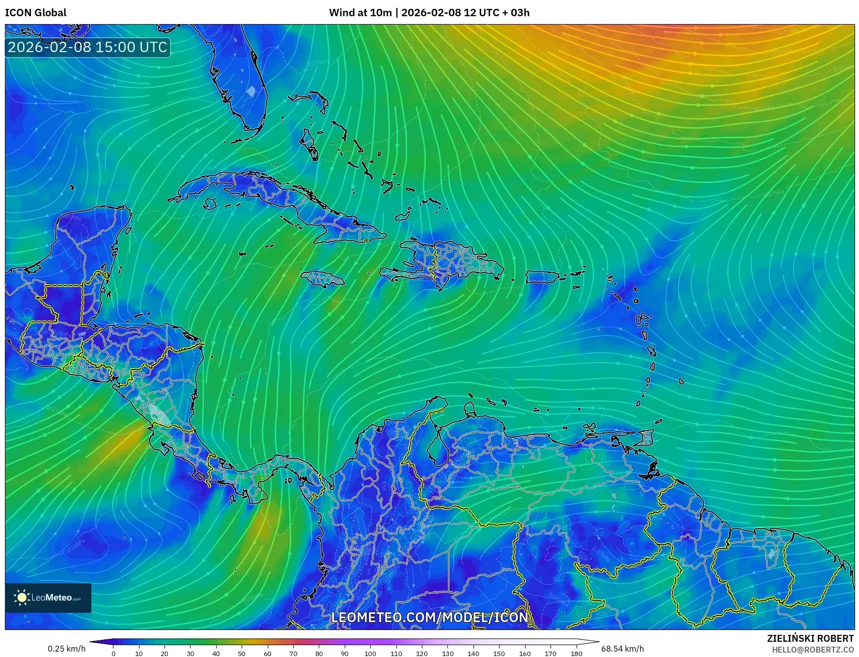 ICON model - Caribbean, Wind at 10m