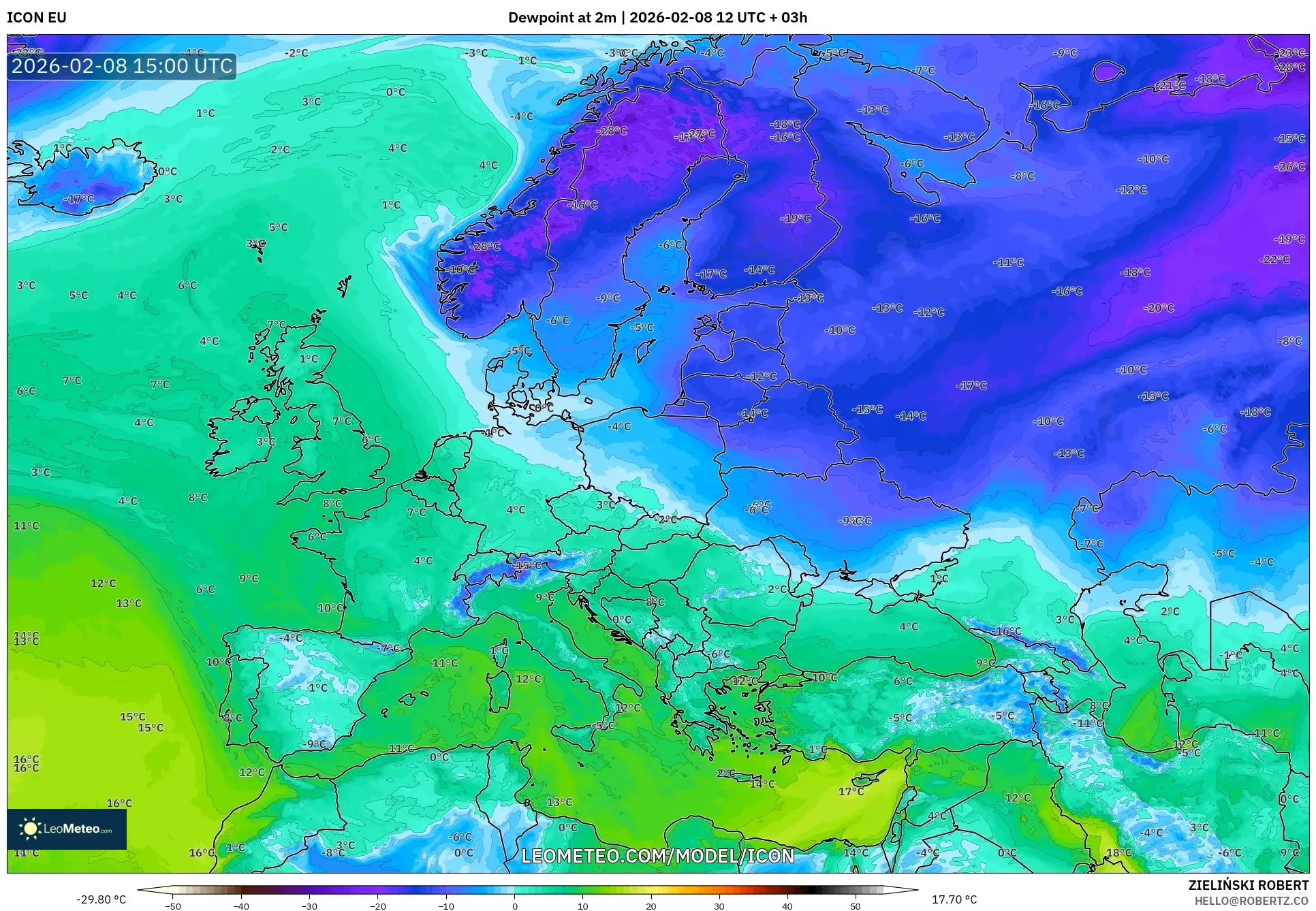 ICON model - Europe, Dewpoint at 2m