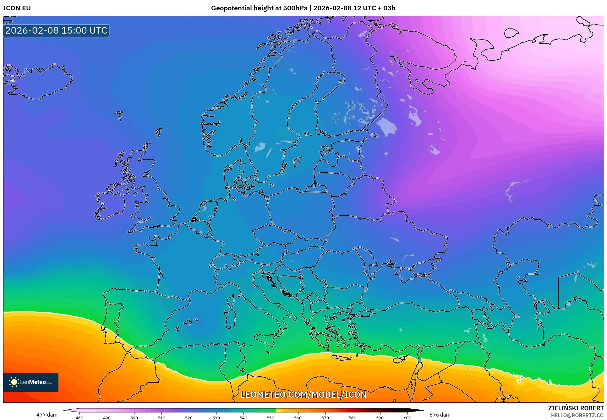 ICON model - Europe, Geopotential height at 500hPa