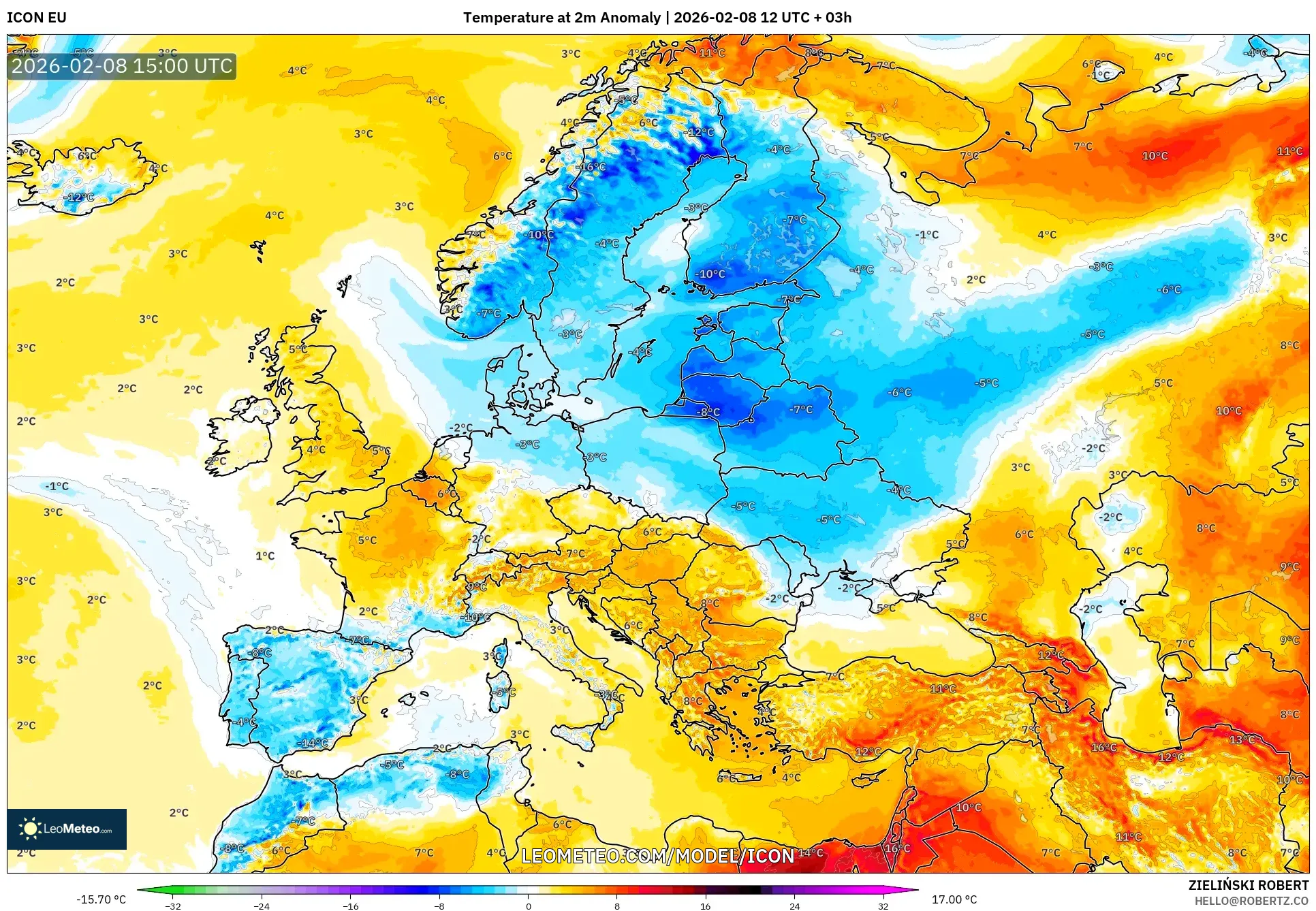 ICON model - Europe, Temperature at 2m Anomaly