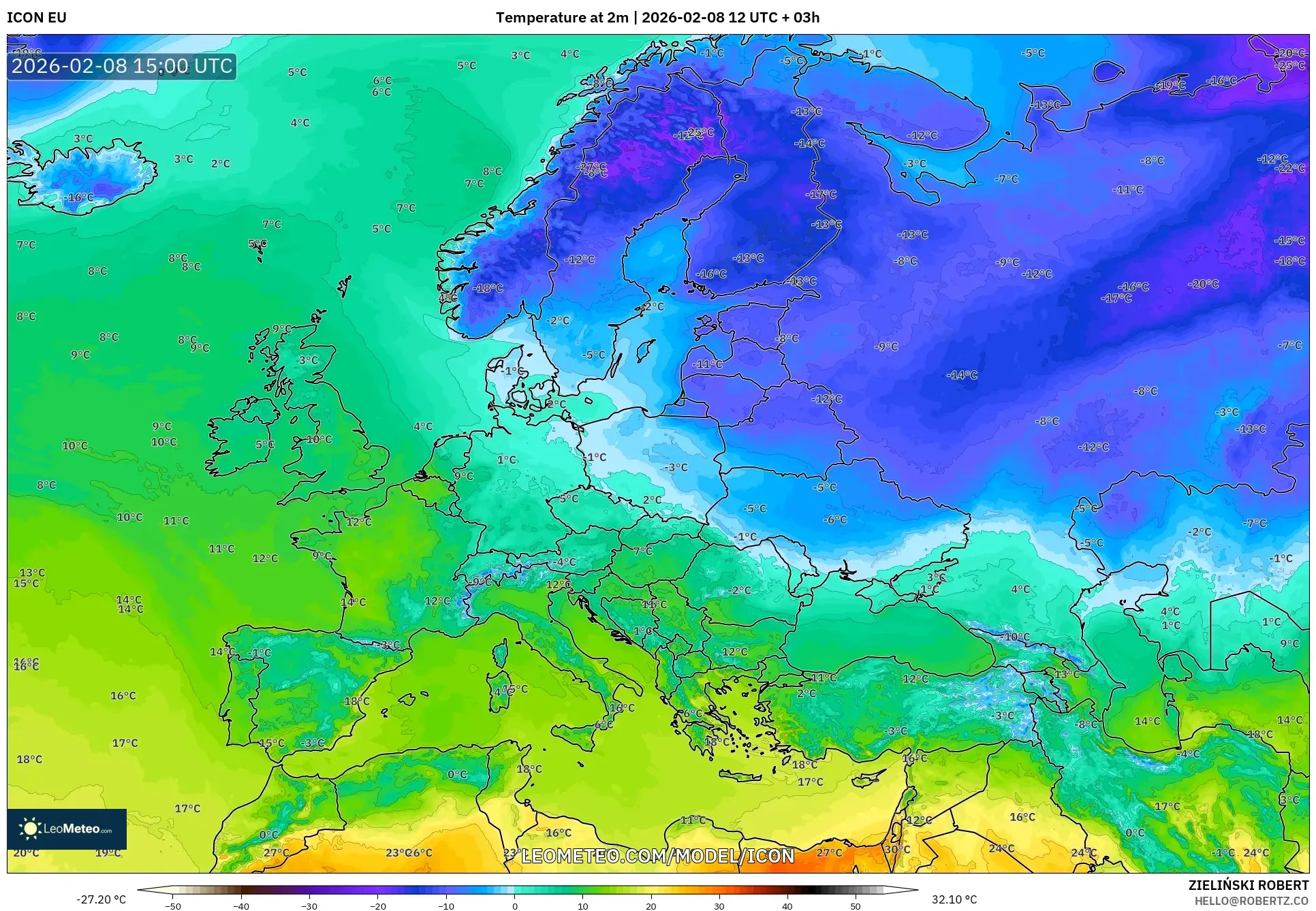 ICON model - Europe, Temperature at 2m