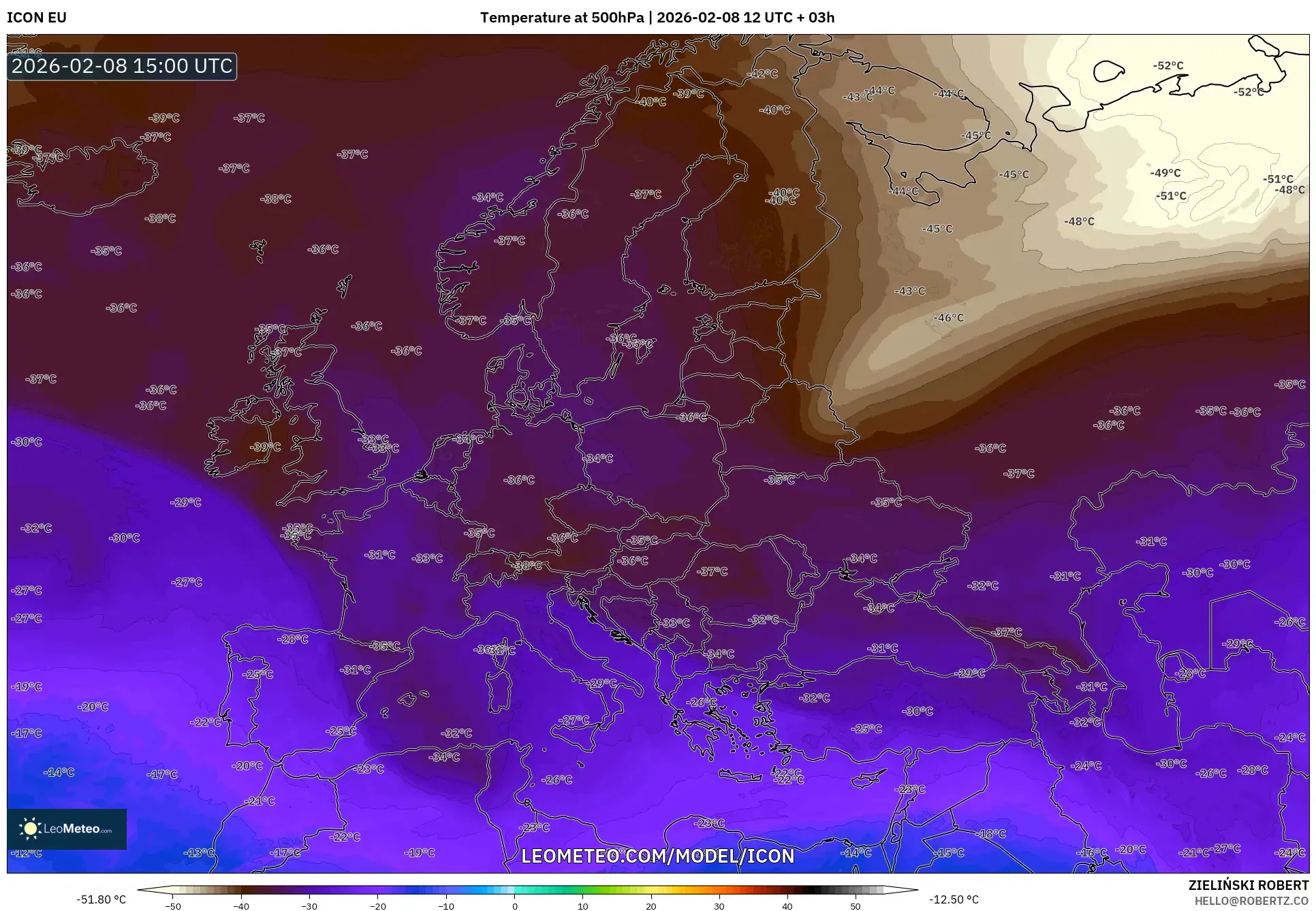 ICON model - Europe, Temperature at 500hPa