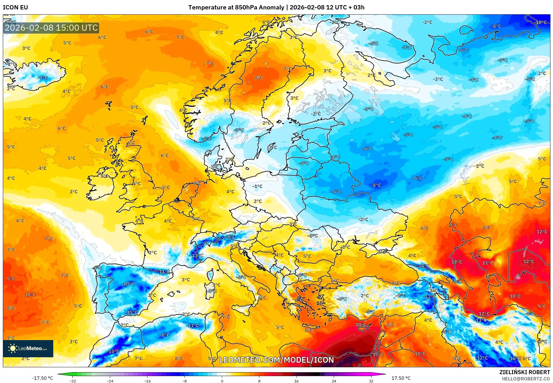 ICON model - Europe, Temperature at 850hPa Anomaly