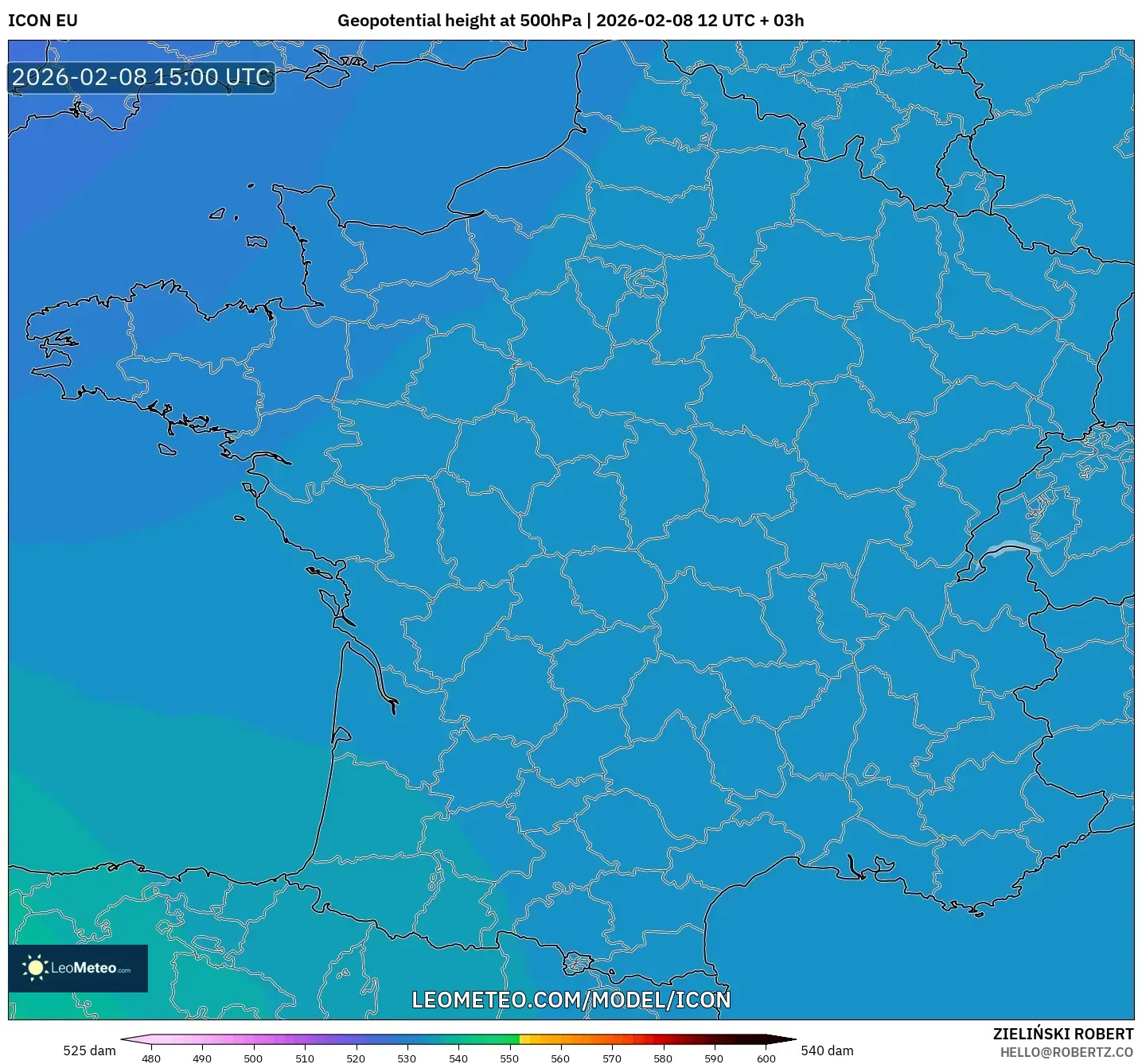 ICON model - France, Geopotential height at 500hPa