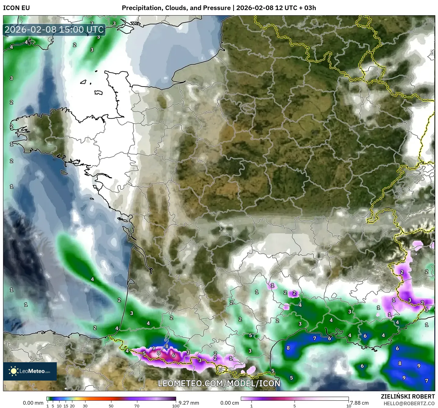 ICON model - France, Precipitation, Clouds, and Pressure