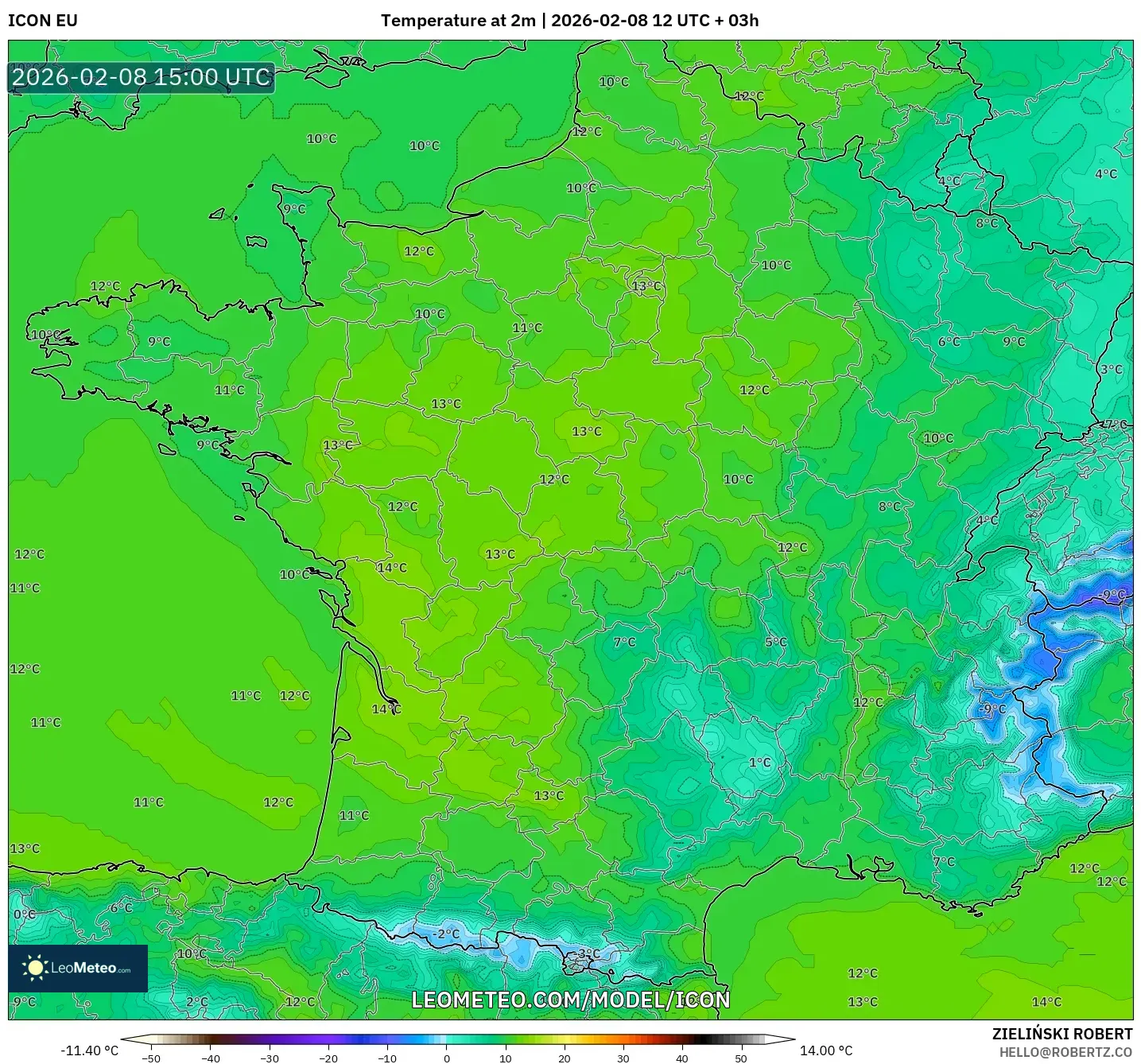 ICON model - France, Temperature at 2m