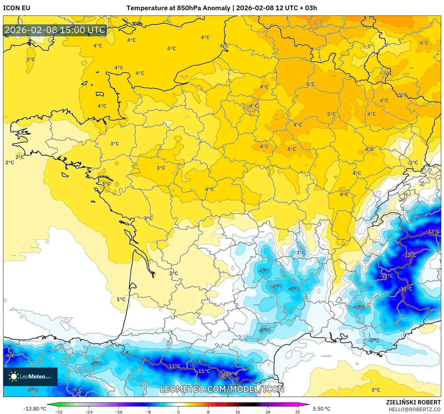ICON model - France, Temperature at 850hPa Anomaly