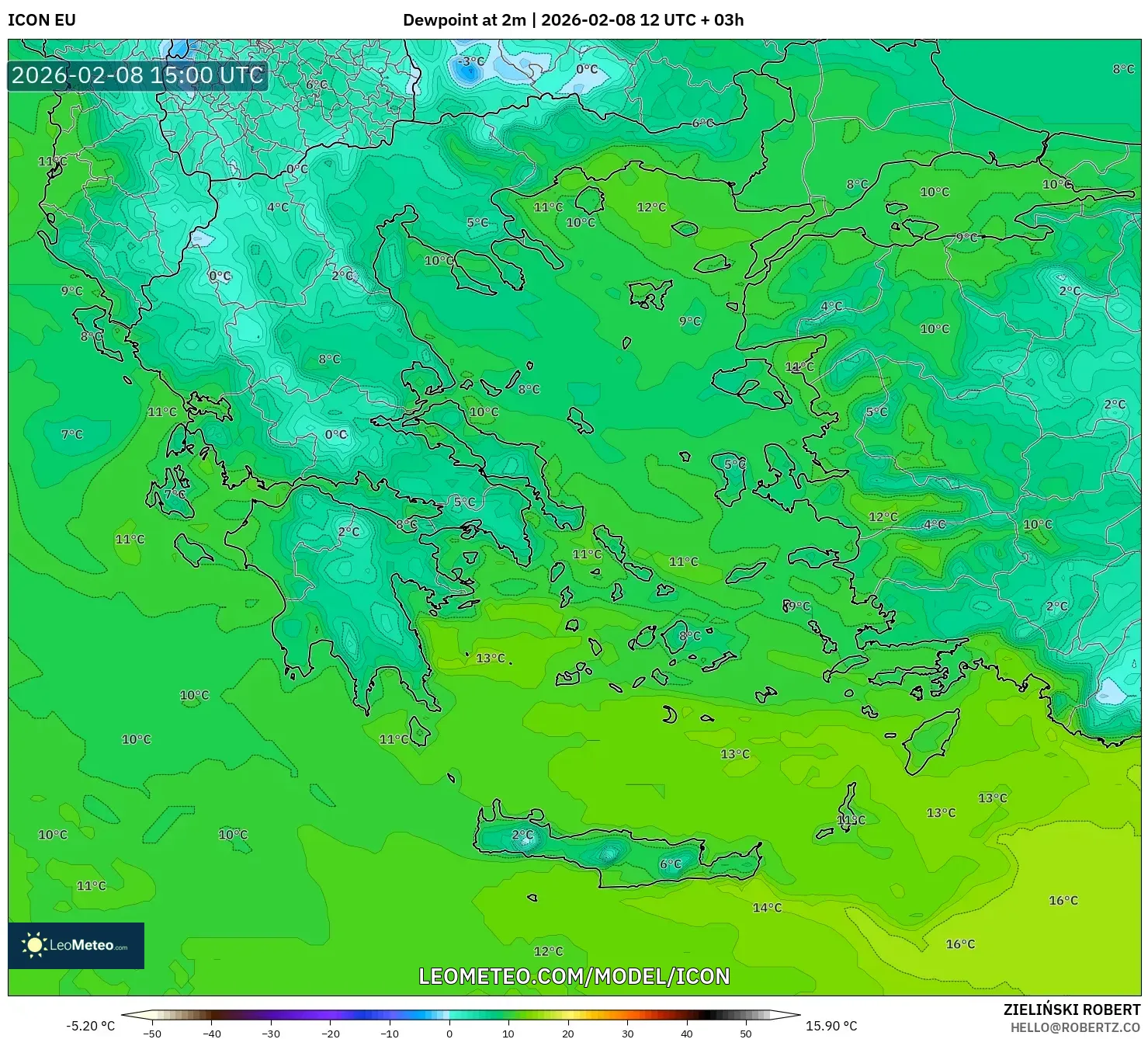 ICON model - Greece, Dewpoint at 2m
