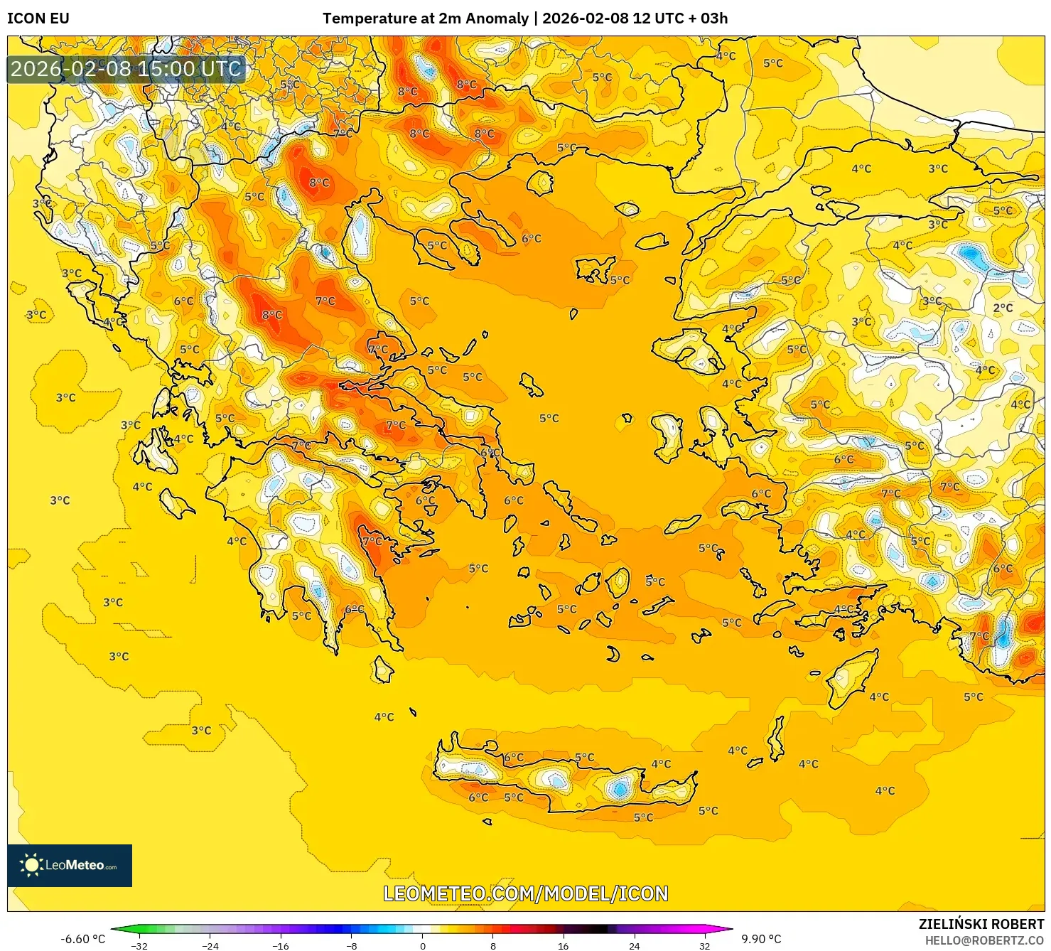 ICON model - Greece, Temperature at 2m Anomaly