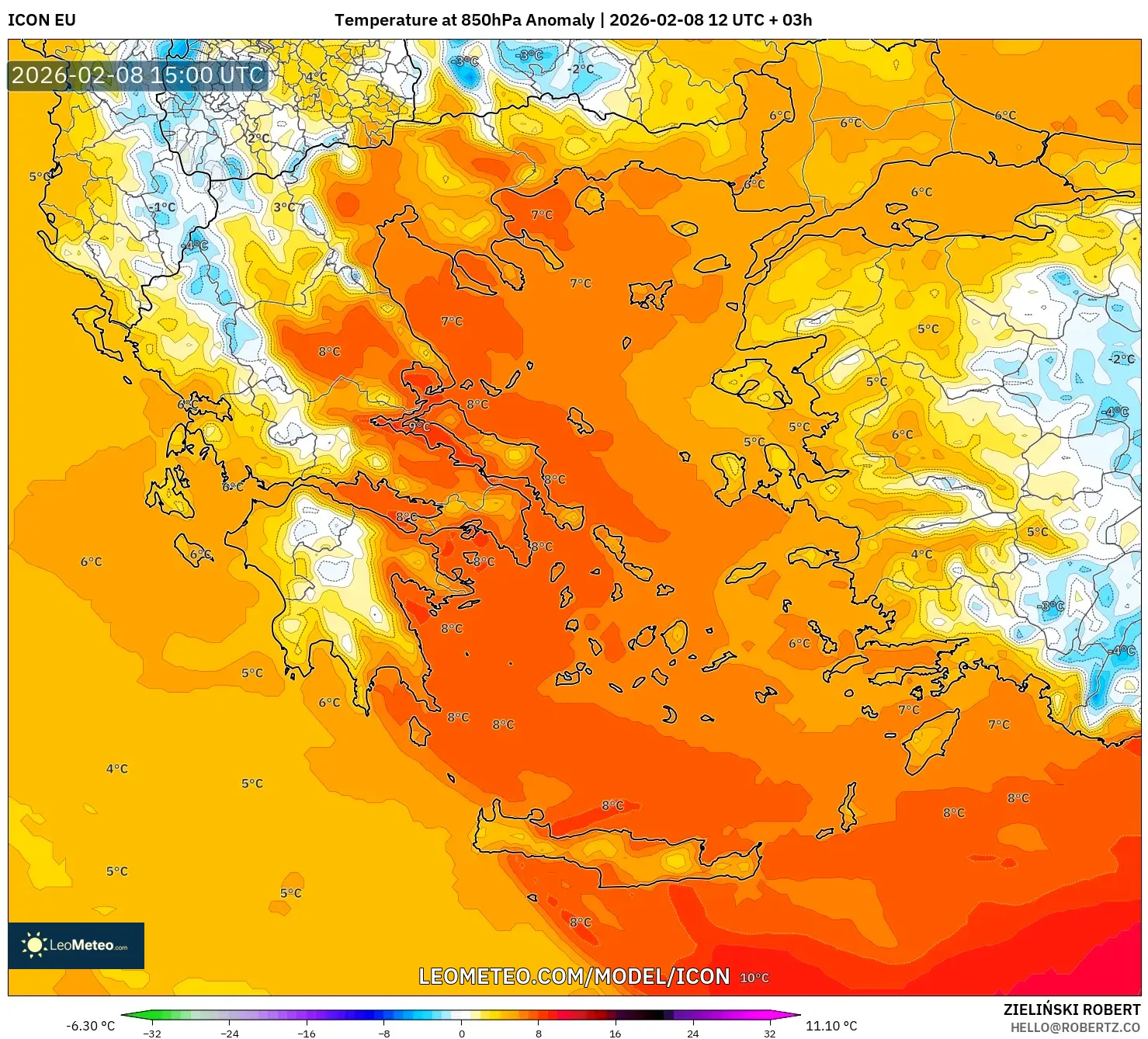 ICON model - Greece, Temperature at 850hPa Anomaly