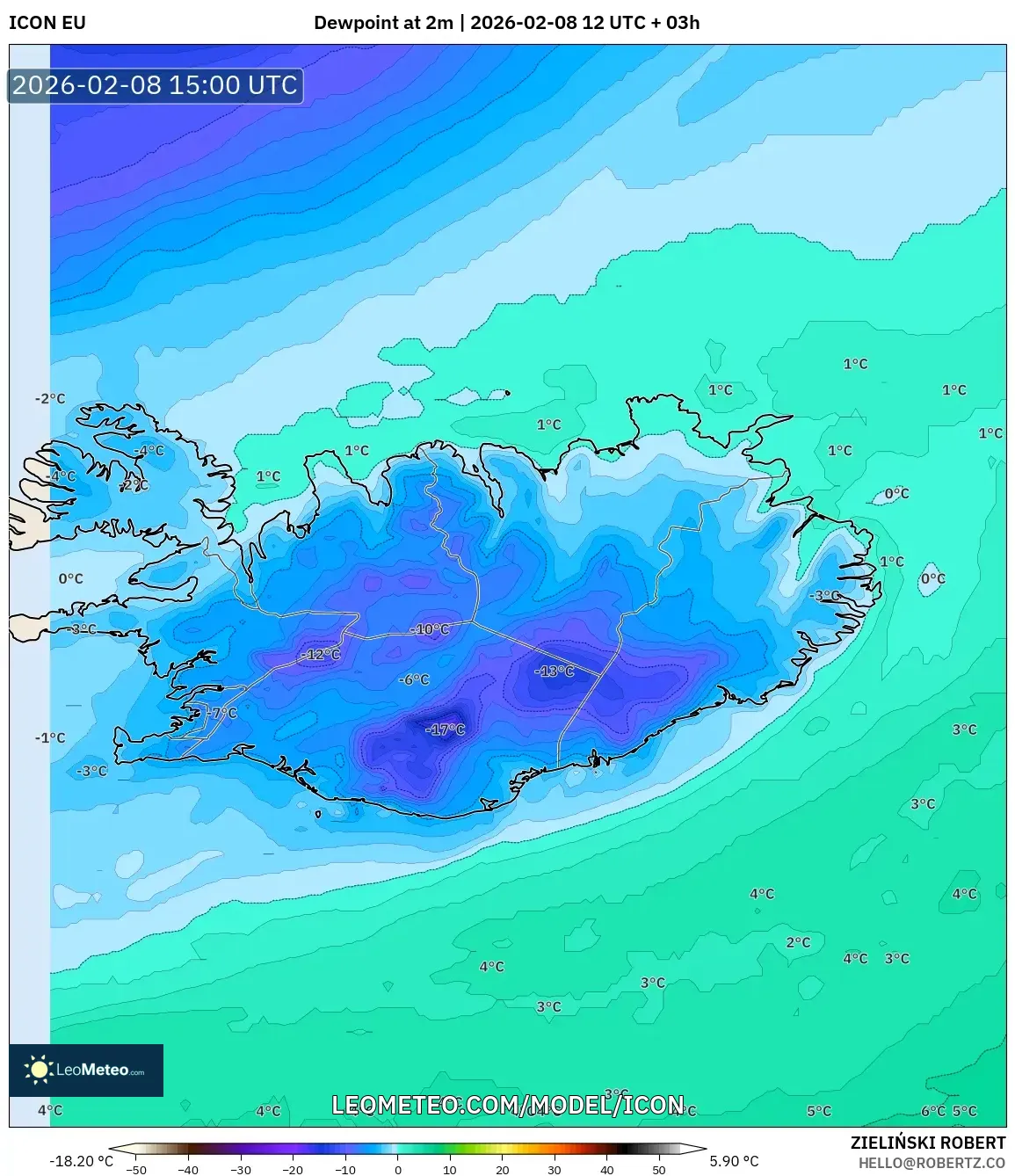 ICON model - Iceland, Dewpoint at 2m
