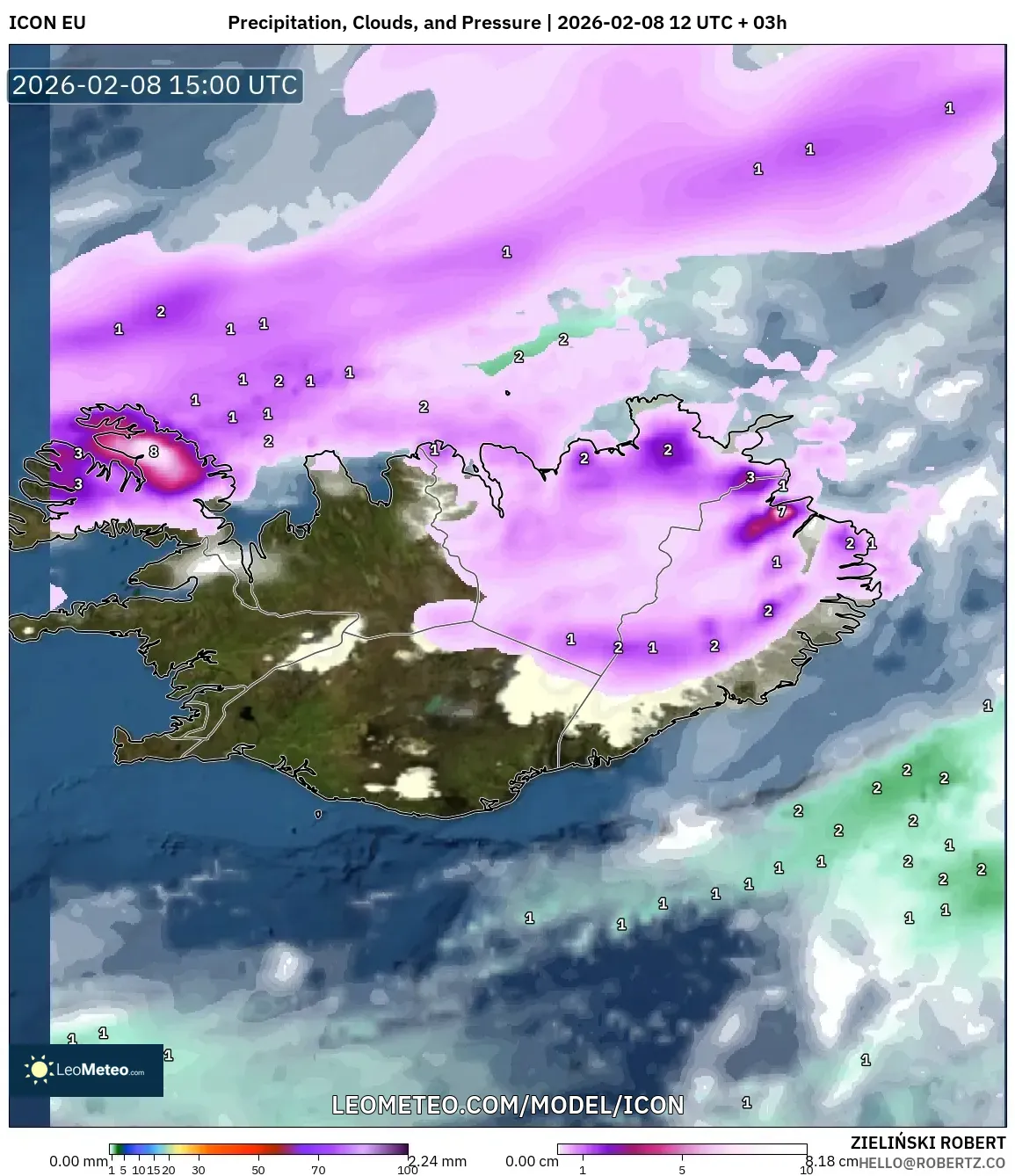 ICON model - Iceland, Precipitation, Clouds, and Pressure