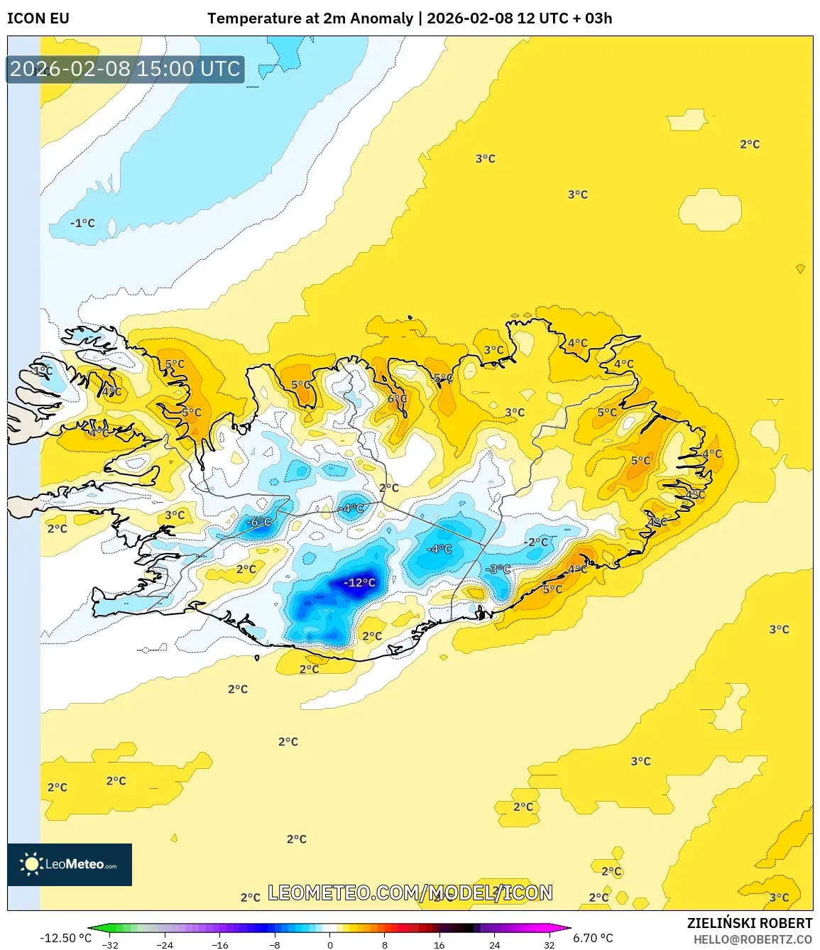 ICON model - Iceland, Temperature at 2m Anomaly