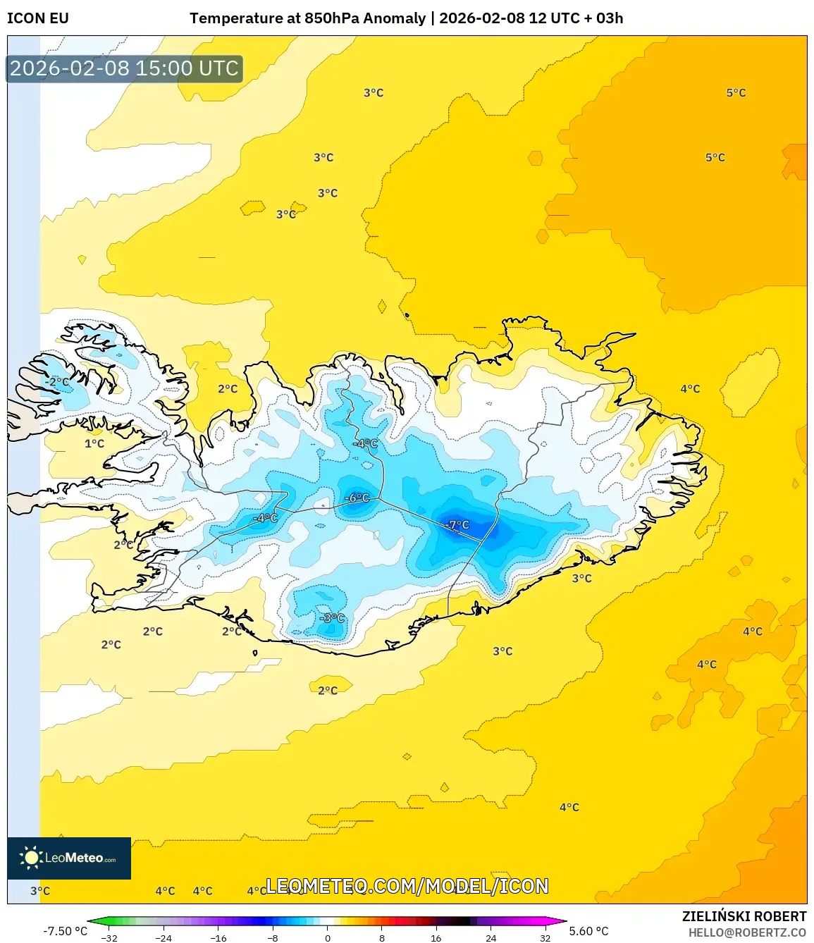 ICON model - Iceland, Temperature at 850hPa Anomaly