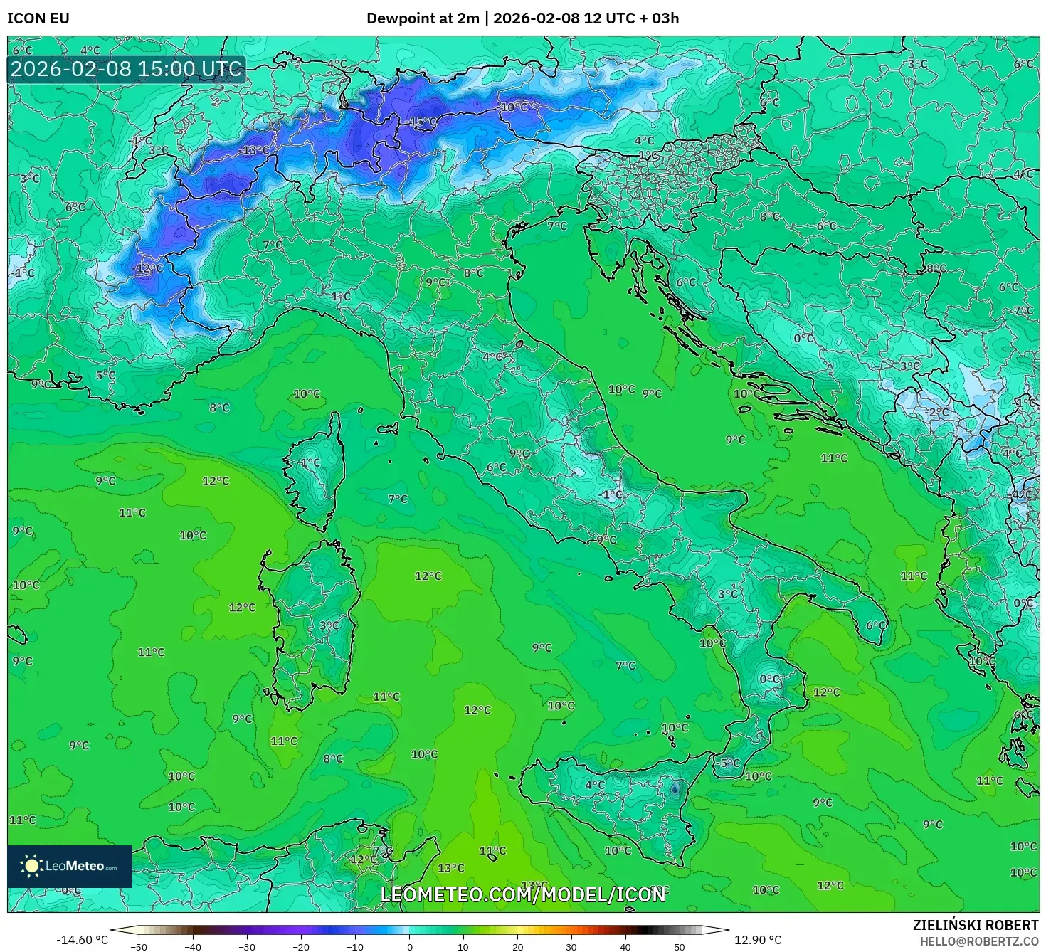 ICON model - Italy, Dewpoint at 2m