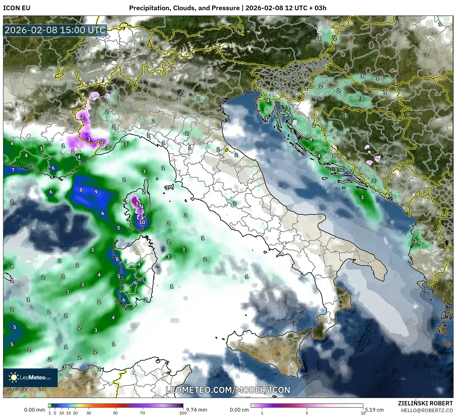 ICON model - Italy, Precipitation, Clouds, and Pressure
