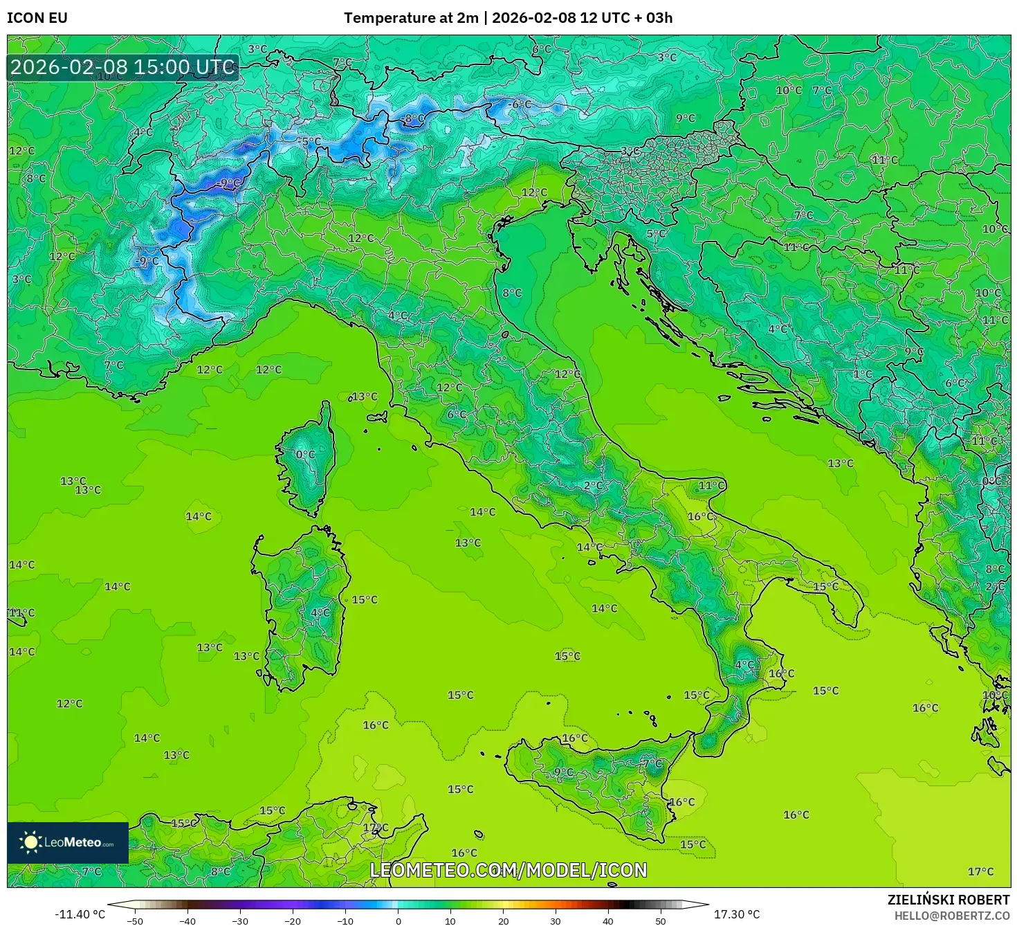 ICON model - Italy, Temperature at 2m