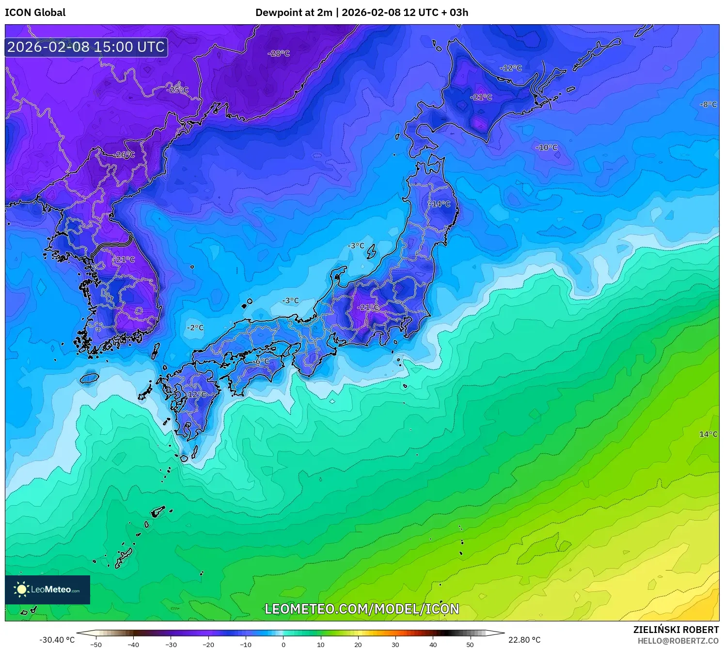 ICON model - Japan, Dewpoint at 2m