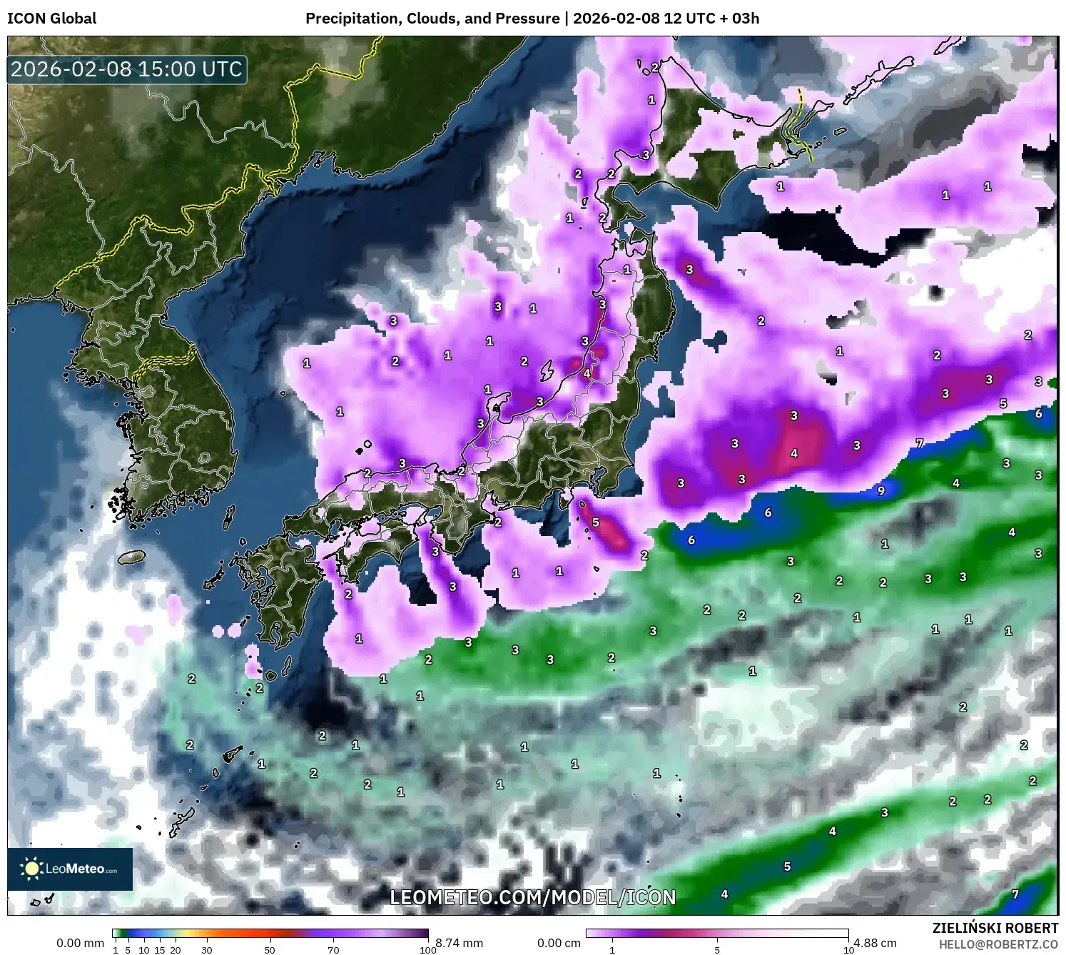 ICON model - Japan, Precipitation, Clouds, and Pressure